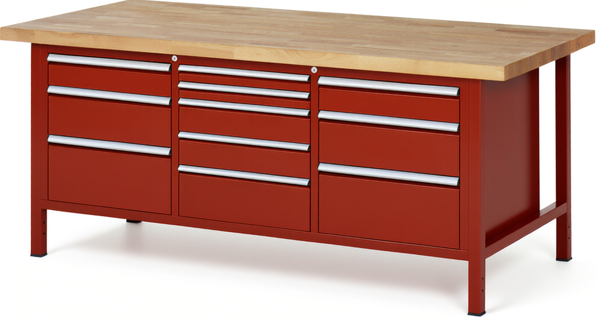 Werkbank Modell 8578 rot, BxTxH 2000x900x840-1040 mm,  Buche-Massiv Arbeitsplatte 40 mm,  11 Schubladen mit  Vollauszug 100 % und  SoftClosing