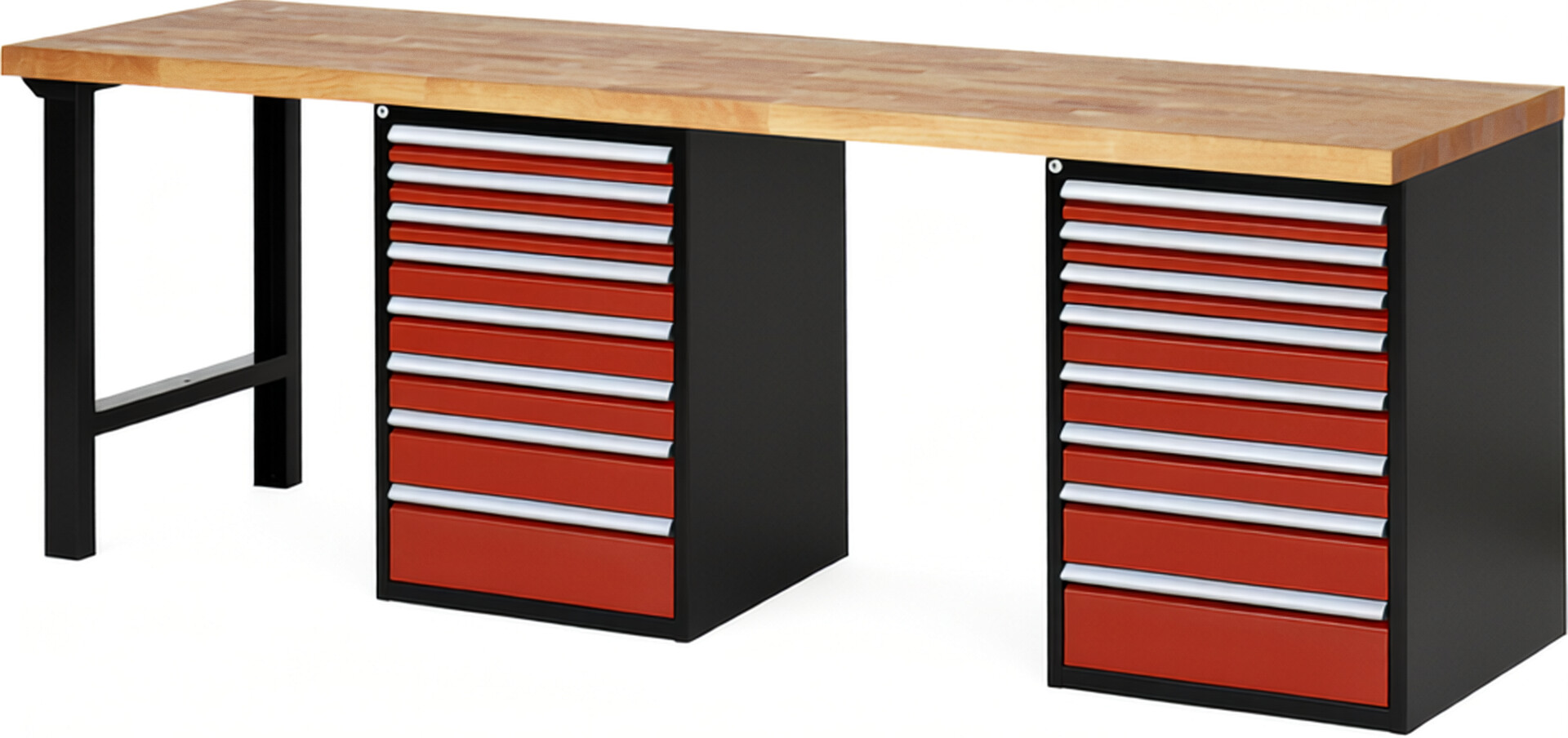 RAU Werkbank schwarz - rot - Breite 250 cm - Tiefe 70 cm - Höhe 89 cm - Buche-Massiv Arbeitsplatte 40 mm