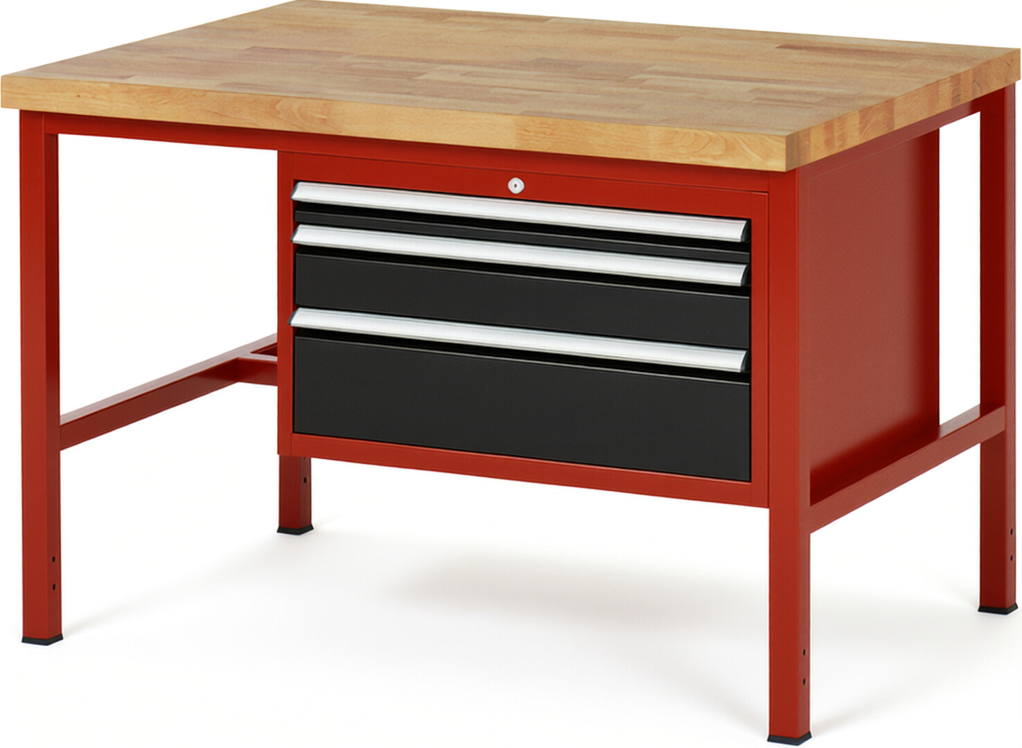 Werkbank Modell 8226 rot - schwarz, BxTxH 1250x900x840-1040 mm,  Buche-Massiv Arbeitsplatte 40 mm,  3 Schubladen mit  Auszug 90 %