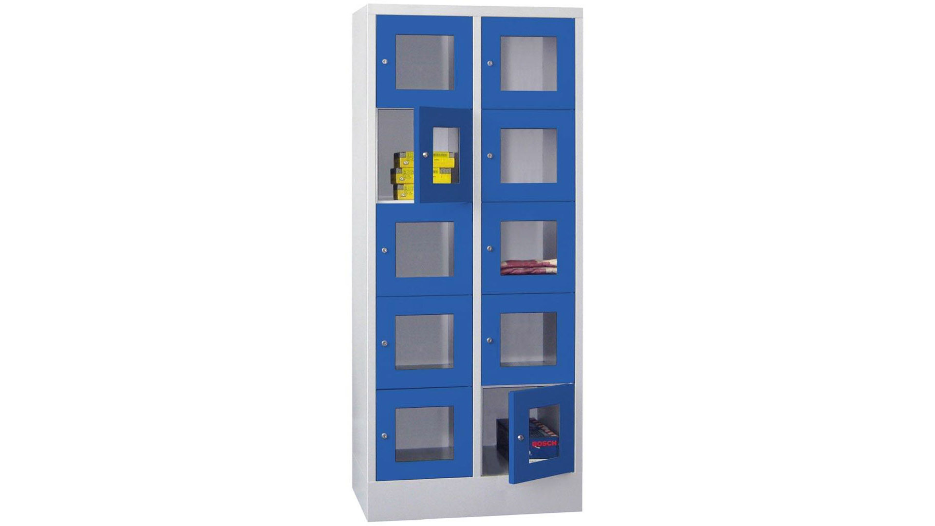 Fächerschränke mit Sichtfenstertüren, Breite 60 cm, Höhe 185 cm, Tiefe 50 cm, 2x5 Fächer