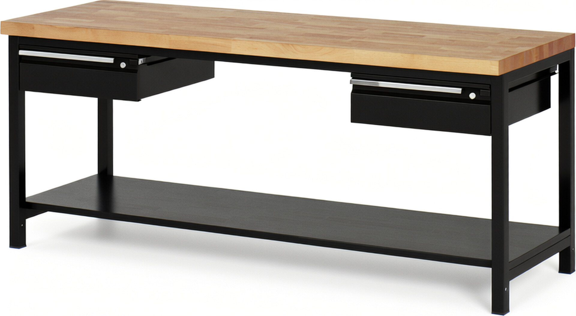 Werkbank - Modell 8002 BASIC schwarz, BxTxH 2000x700x840 mm,  Buche-Massiv Arbeitsplatte 40 mm,  2 Schubladen mit  Auszug 90 %