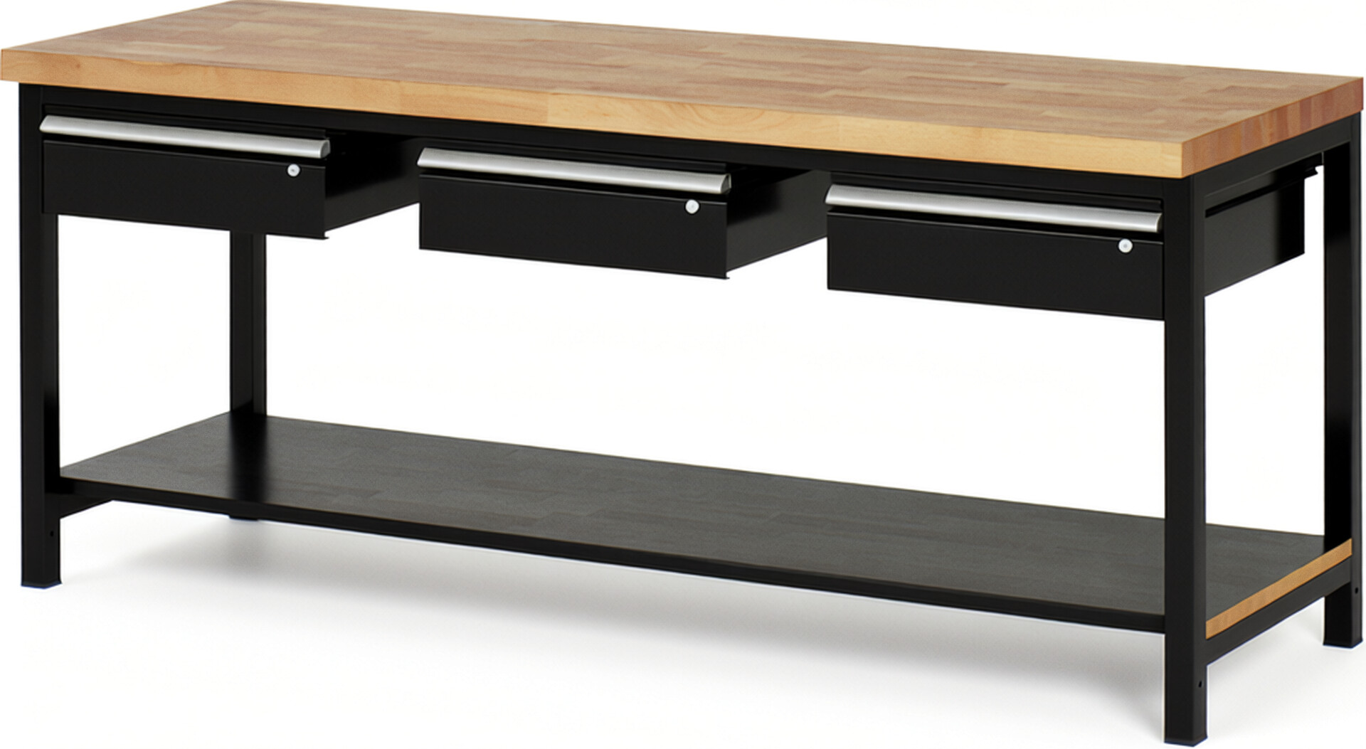 Werkbank Modell 8003 schwarz, BxTxH 2000x700x840-1040 mm,  Buche-Massiv Arbeitsplatte 40 mm,  3 Schubladen mit  Auszug 90 %
