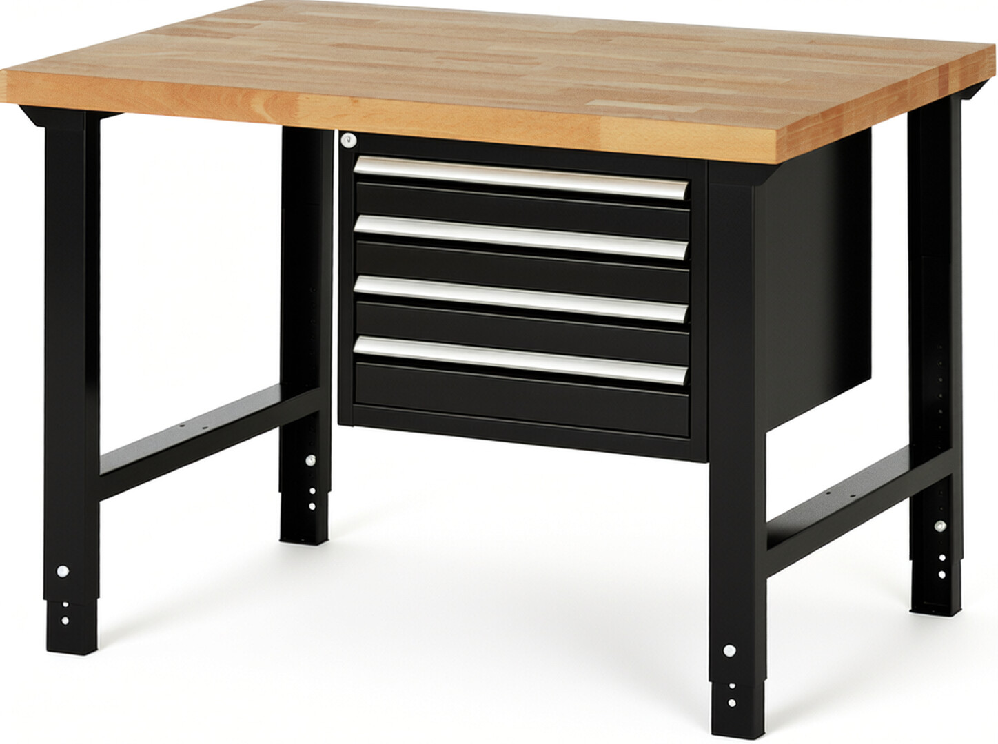 Werkbank Modell 7133 schwarz, BxTxH 1250x900x790-1140 mm,  Buche-Massiv Arbeitsplatte 40 mm,  4 Schubladen mit  Vollauszug 100 % und  SoftClosing