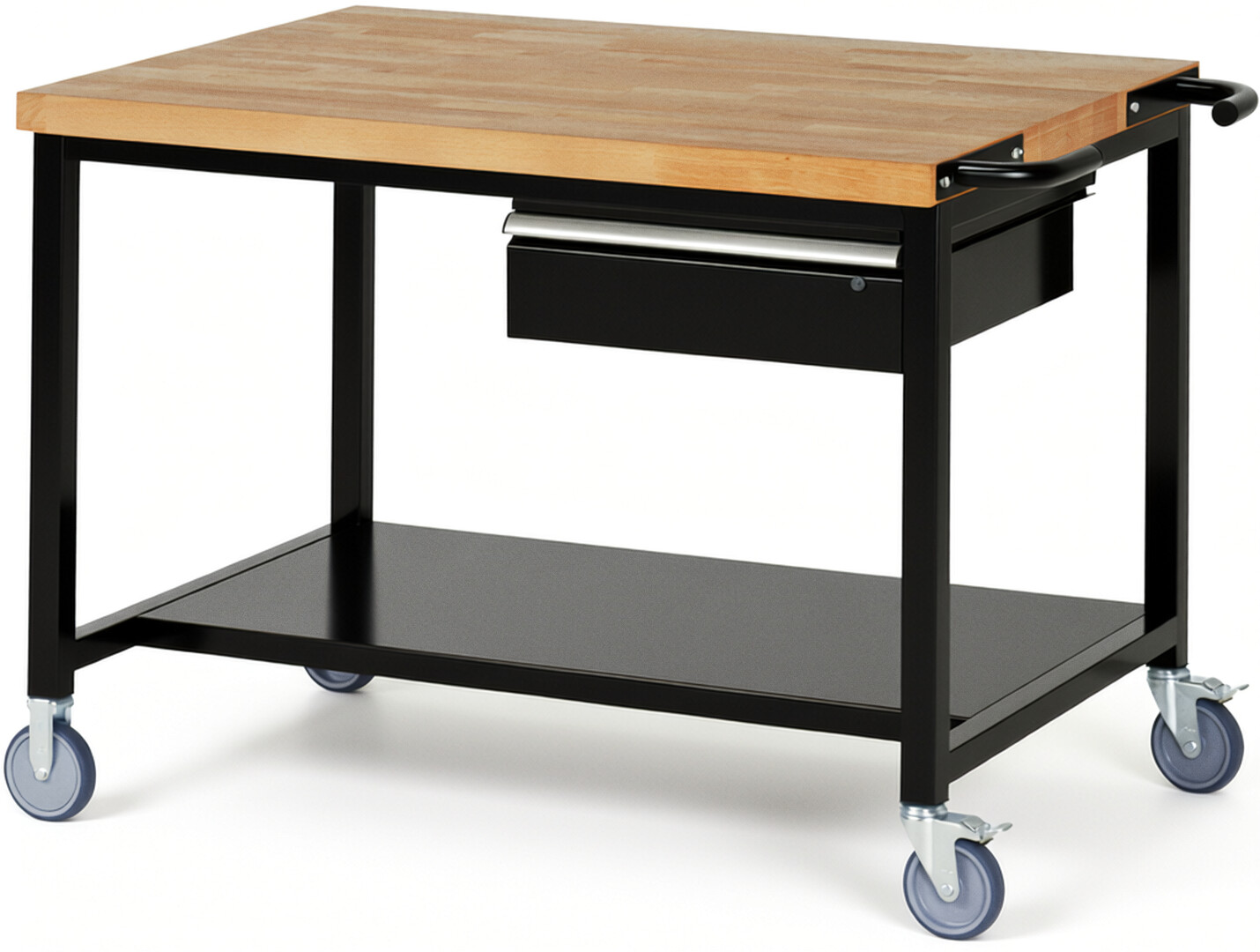 Fahrbare Werkbank Modell 8001 schwarz, BxTxH 1250x900x880 mm,  Buche-Massiv Arbeitsplatte 40 mm,  1 Schublade mit  Auszug 90 %