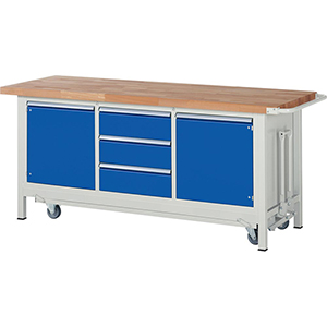 Werkbank mit absenkbarem Fahrgestell, Breite 150 cm, Tiefe 70 cm, Höhe 88 cm, 7 Schublade(n), Platte: Buche-Riegel