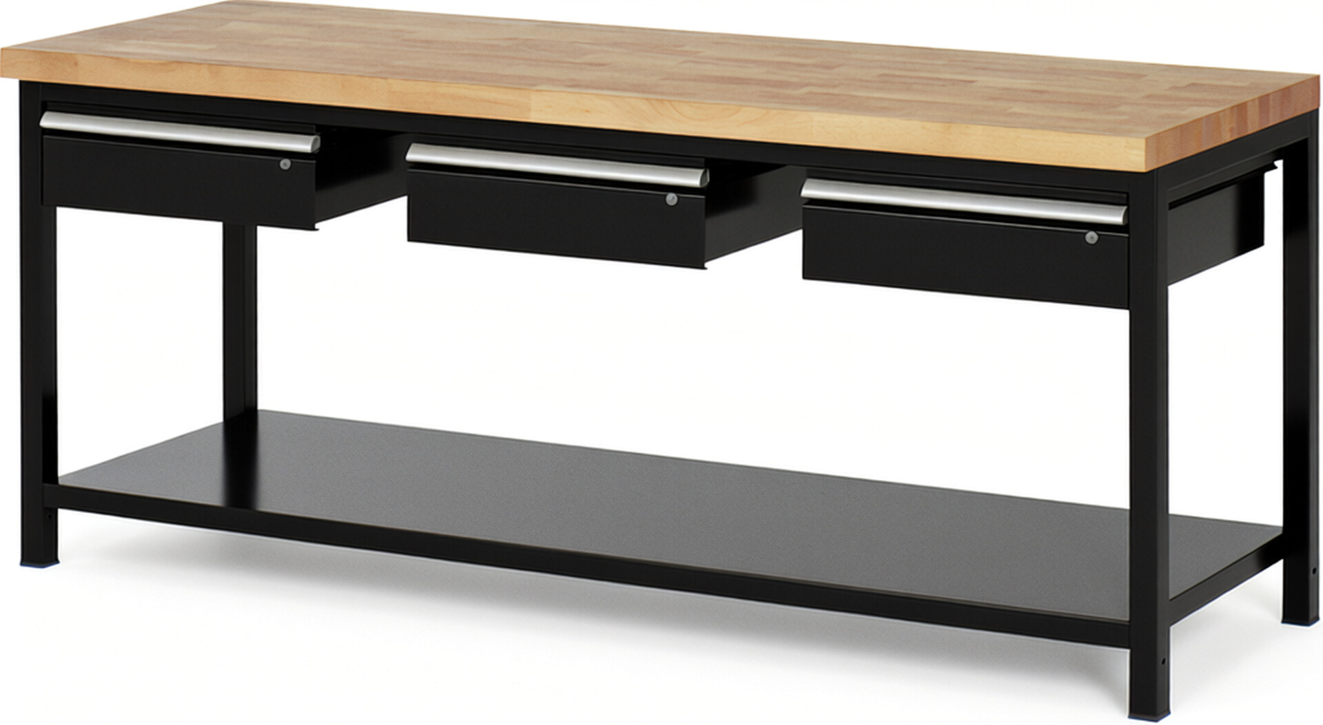 Werkbank Modell 8003 schwarz, BxTxH 2000x700x840 mm,  Buche-Massiv Arbeitsplatte 40 mm,  3 Schubladen mit  Auszug 90 %