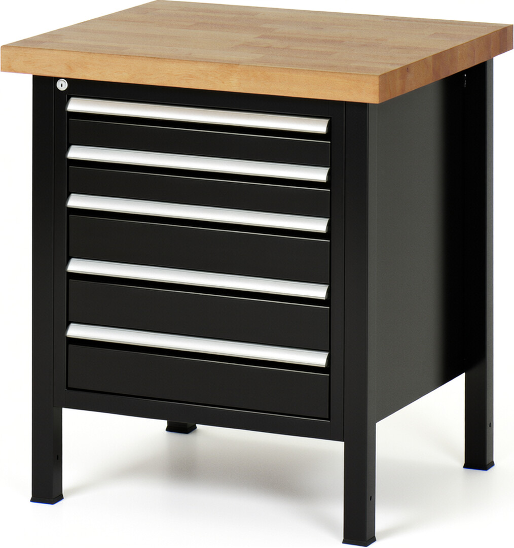 Werkbank Modell 8171 schwarz, BxTxH 750x700x840-1040 mm,  Buche-Massiv Arbeitsplatte 40 mm,  5 Schubladen mit  Auszug 90 %