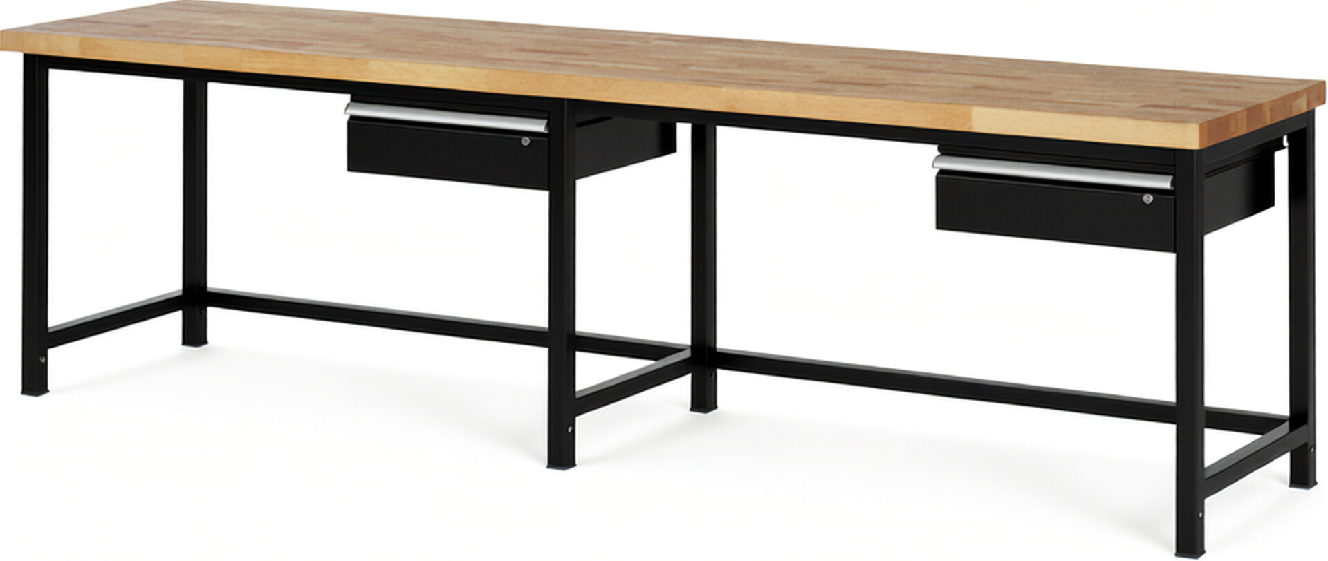 Werkbank Modell 8001 schwarz, BxTxH 3000x700x840 mm,  Buche-Massiv Arbeitsplatte 40 mm,  2 Schubladen mit  Auszug 90 %