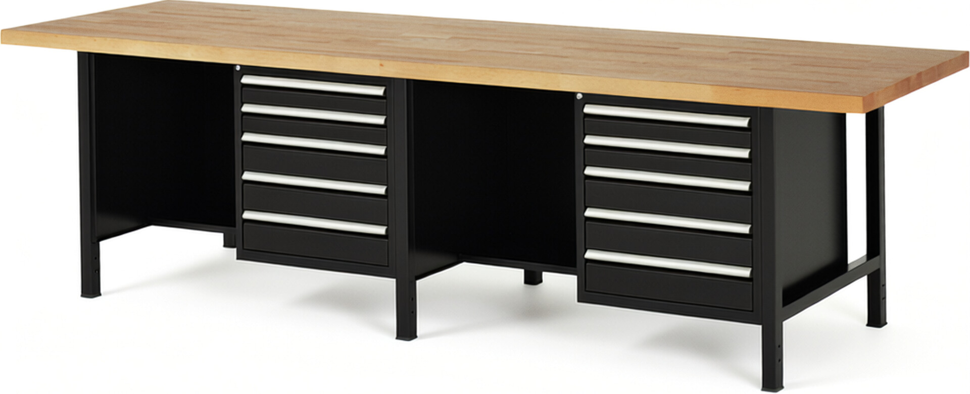 Werkbank Modell 8454 schwarz, BxTxH 3000x900x840-1040 mm,  Buche-Massiv Arbeitsplatte 40 mm,  10 Schubladen mit  Auszug 90 %