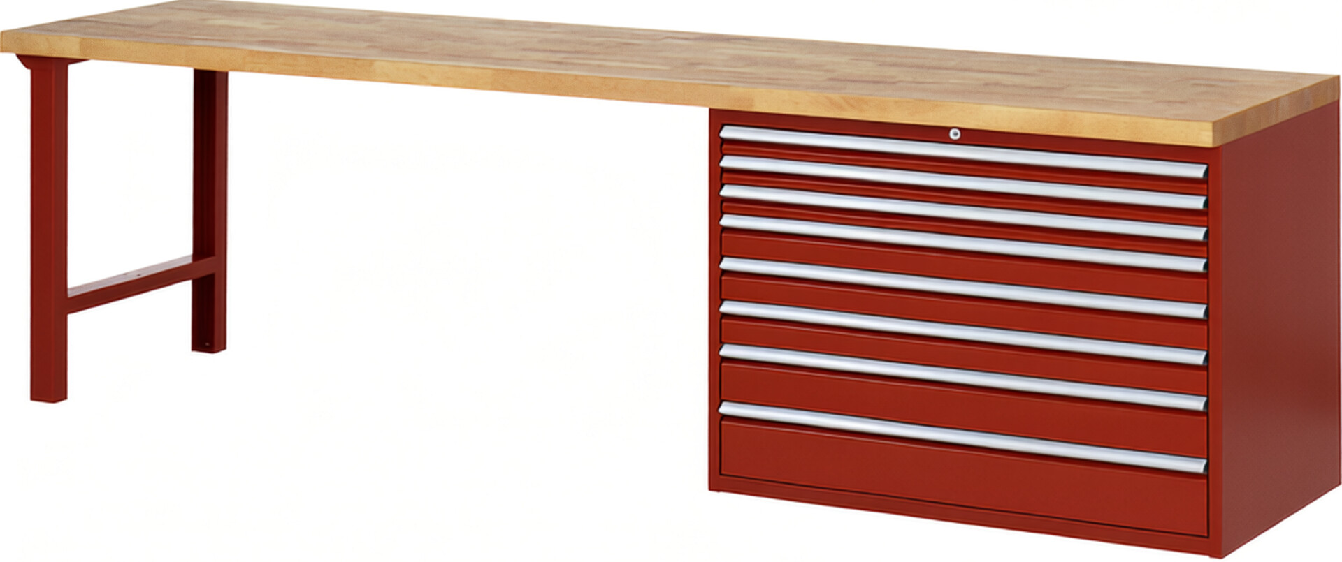 Werkbank Modell 7719 rot, BxTxH 3000x700x890 mm,  Buche-Massiv Arbeitsplatte 40 mm,  8 Schubladen mit  Auszug 90 %