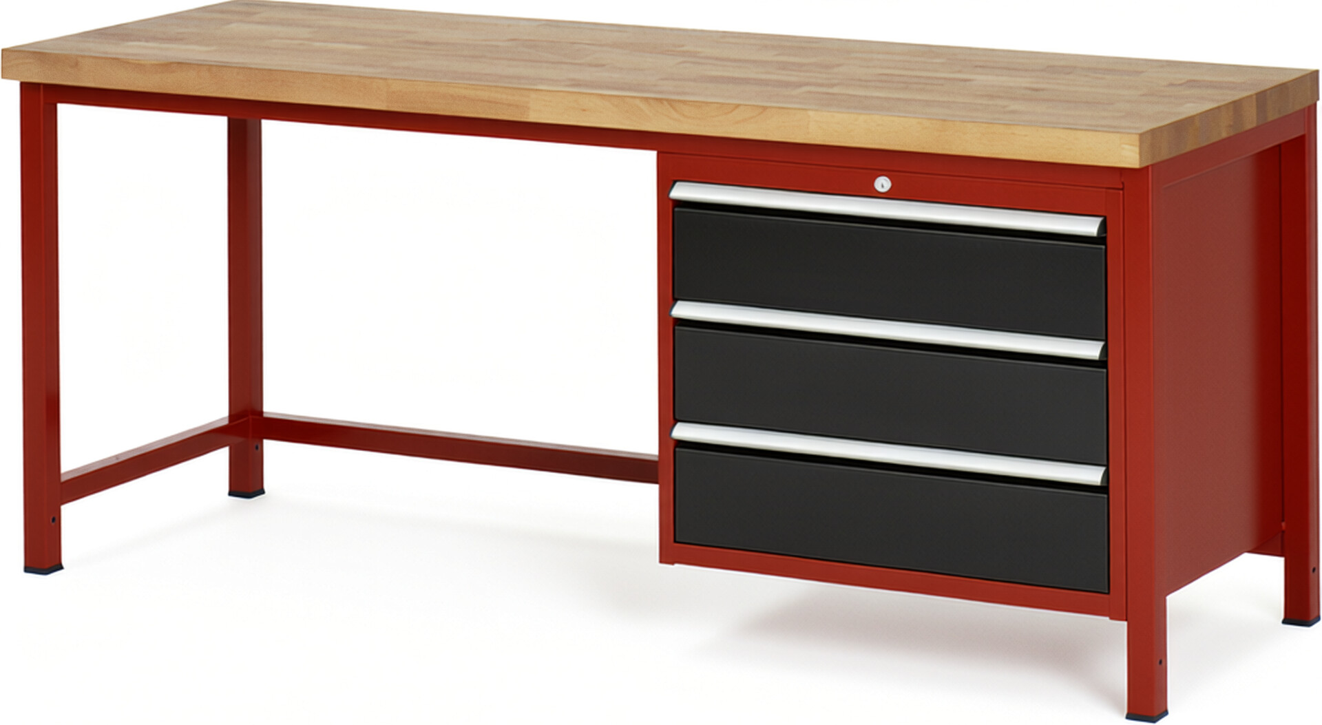Werkbank Modell 8257 rot - schwarz, BxTxH 2000x700x840-1040 mm,  Buche-Massiv Arbeitsplatte 40 mm,  3 Schubladen mit  Vollauszug 100 % und  SoftClosing