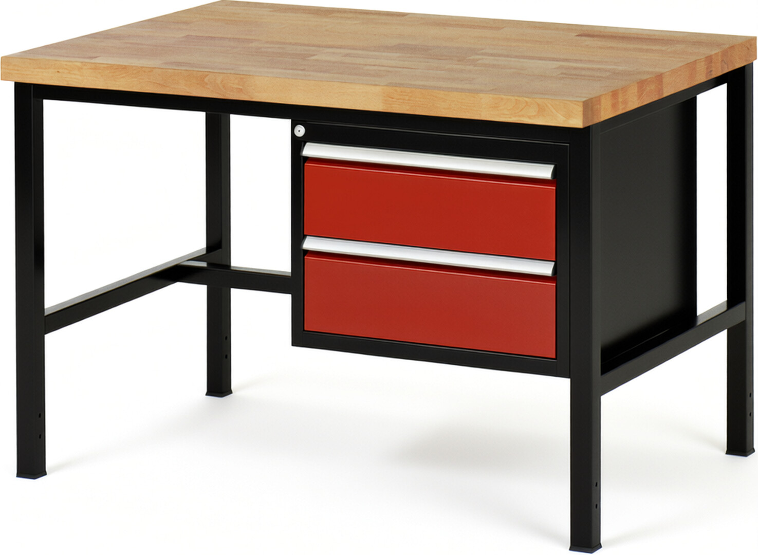RAU Werkbank schwarz - rot - Breite 125 cm - Tiefe 90 cm - Höhe 104 cm - Buche-Massiv Arbeitsplatte 40 mm