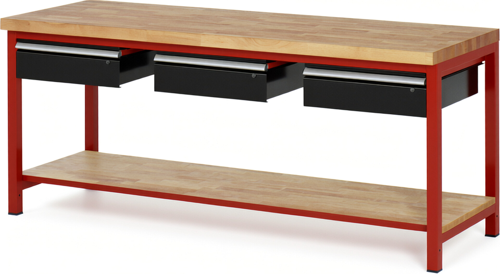Werkbank Modell 8003 rot - schwarz, BxTxH 2000x700x840-1040 mm,  Buche-Massiv Arbeitsplatte 40 mm,  3 Schubladen mit  Auszug 90 %
