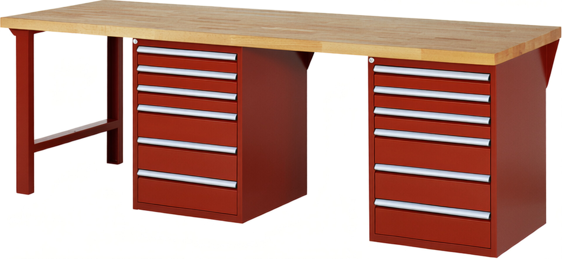 Werkbank Modell 7515 rot, BxTxH 2500x900x890 mm,  Buche-Massiv Arbeitsplatte 40 mm,  12 Schubladen mit  Vollauszug 100 % und  SoftClosing