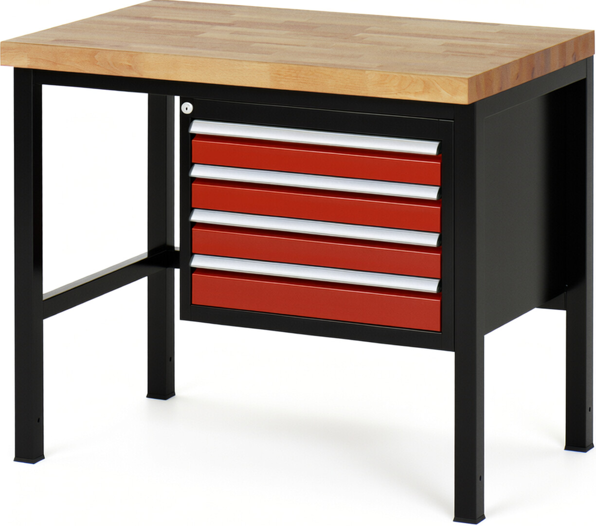 RAU Werkbank schwarz - rot - Breite 100 cm - Tiefe 70 cm - Höhe 104 cm - Buche-Massiv Arbeitsplatte 40 mm