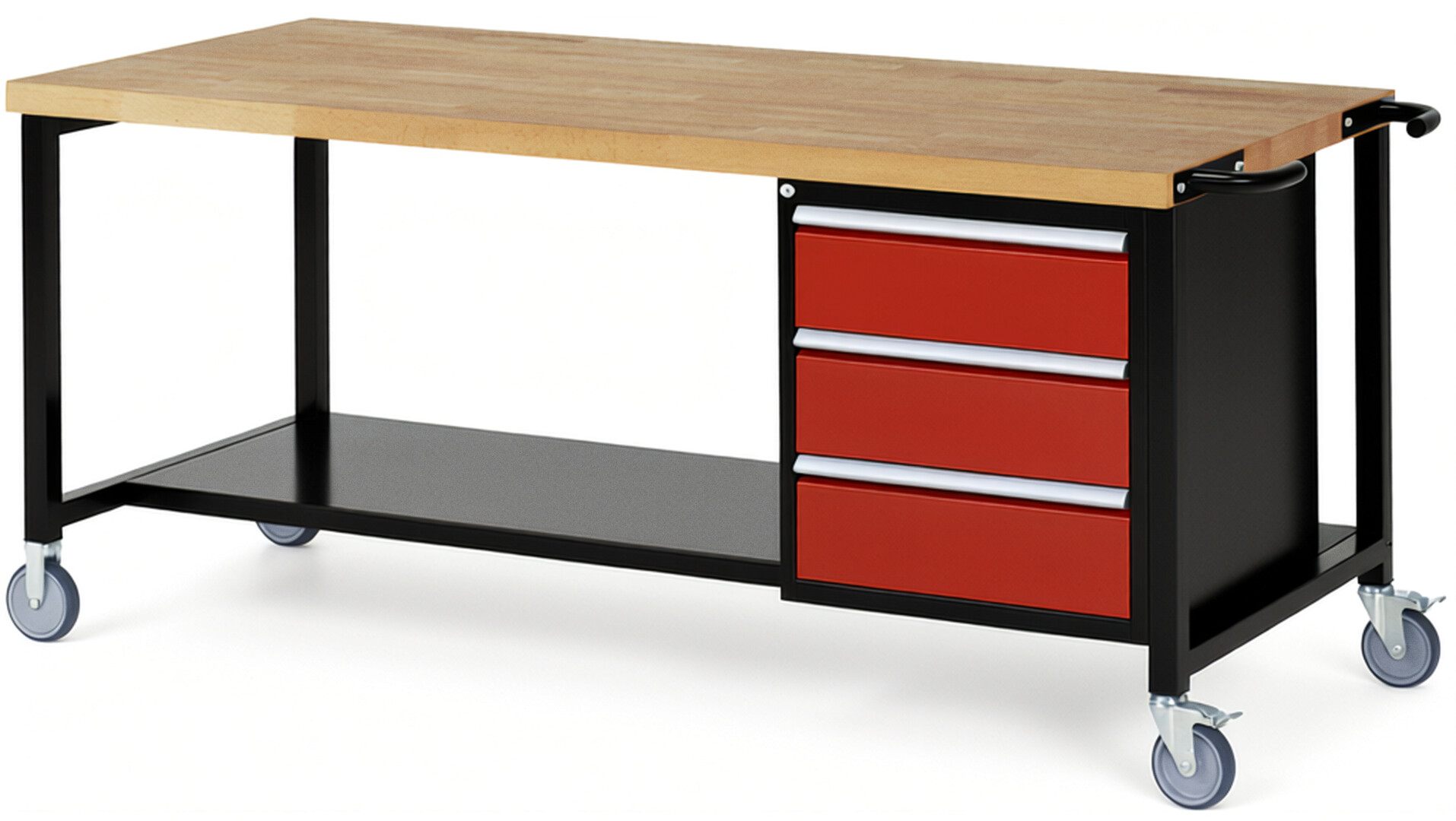RAU Werkbank schwarz - rot - Breite 200 cm - Tiefe 90 cm - Höhe 108 cm - Buche-Massiv Arbeitsplatte 40 mm