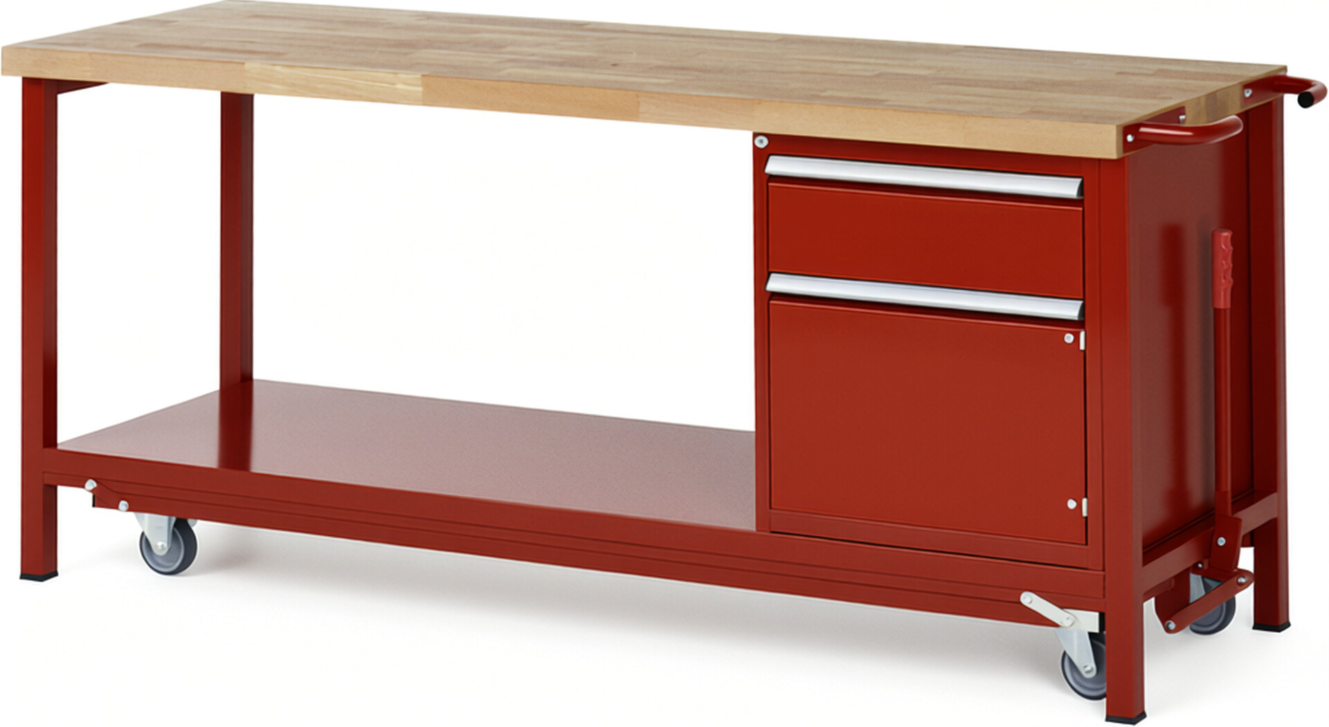 Absenkbare Werkbank Modell 8152 rot, BxTxH 2000x700x880 mm,  Buche-Massiv Arbeitsplatte 40 mm,  1 Schublade mit  Auszug 90 %
