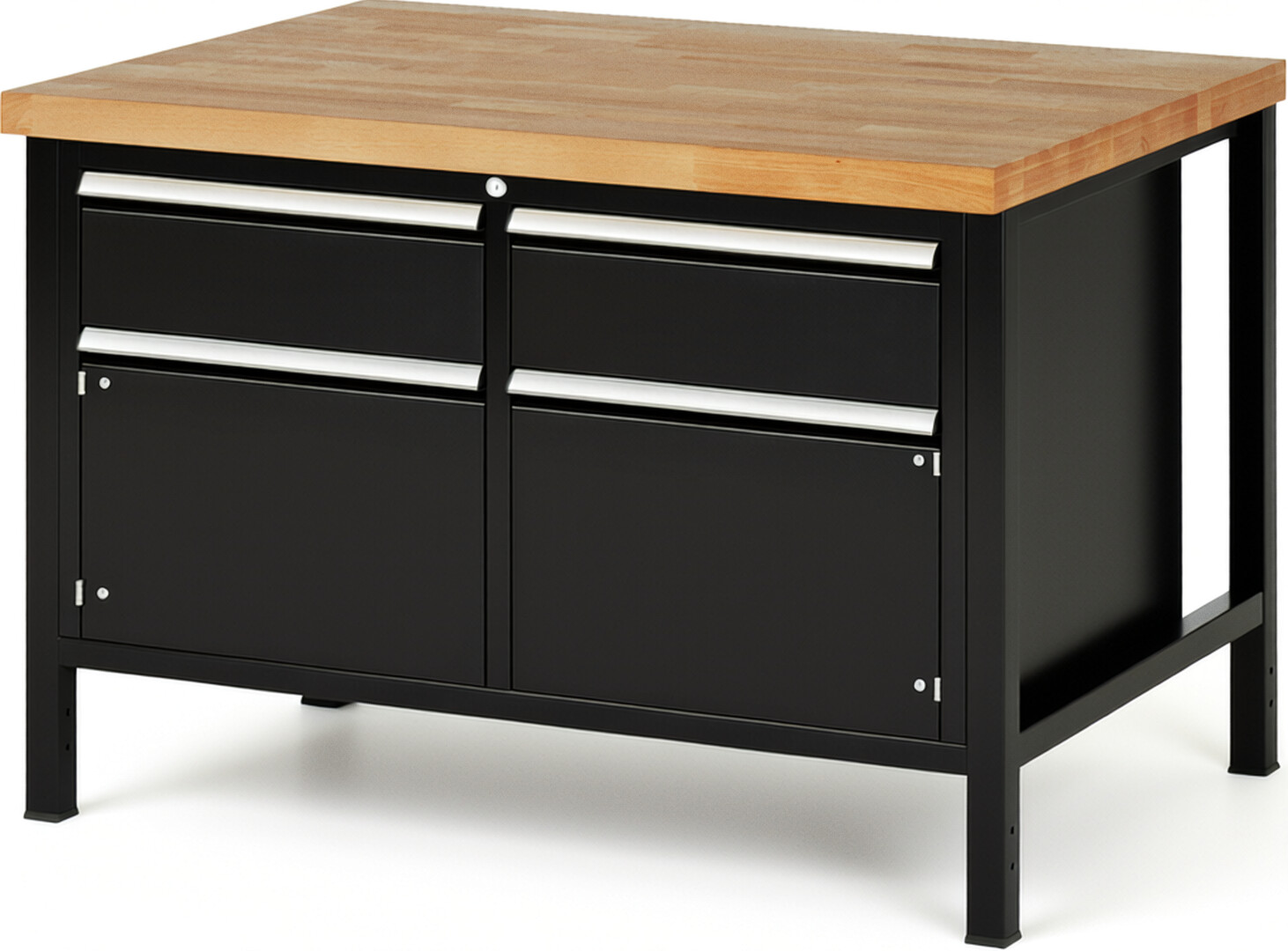 Werkbank Modell 8466 schwarz, BxTxH 1250x900x840 mm,  Buche-Massiv Arbeitsplatte 40 mm,  2 Schubladen mit  Auszug 90 %