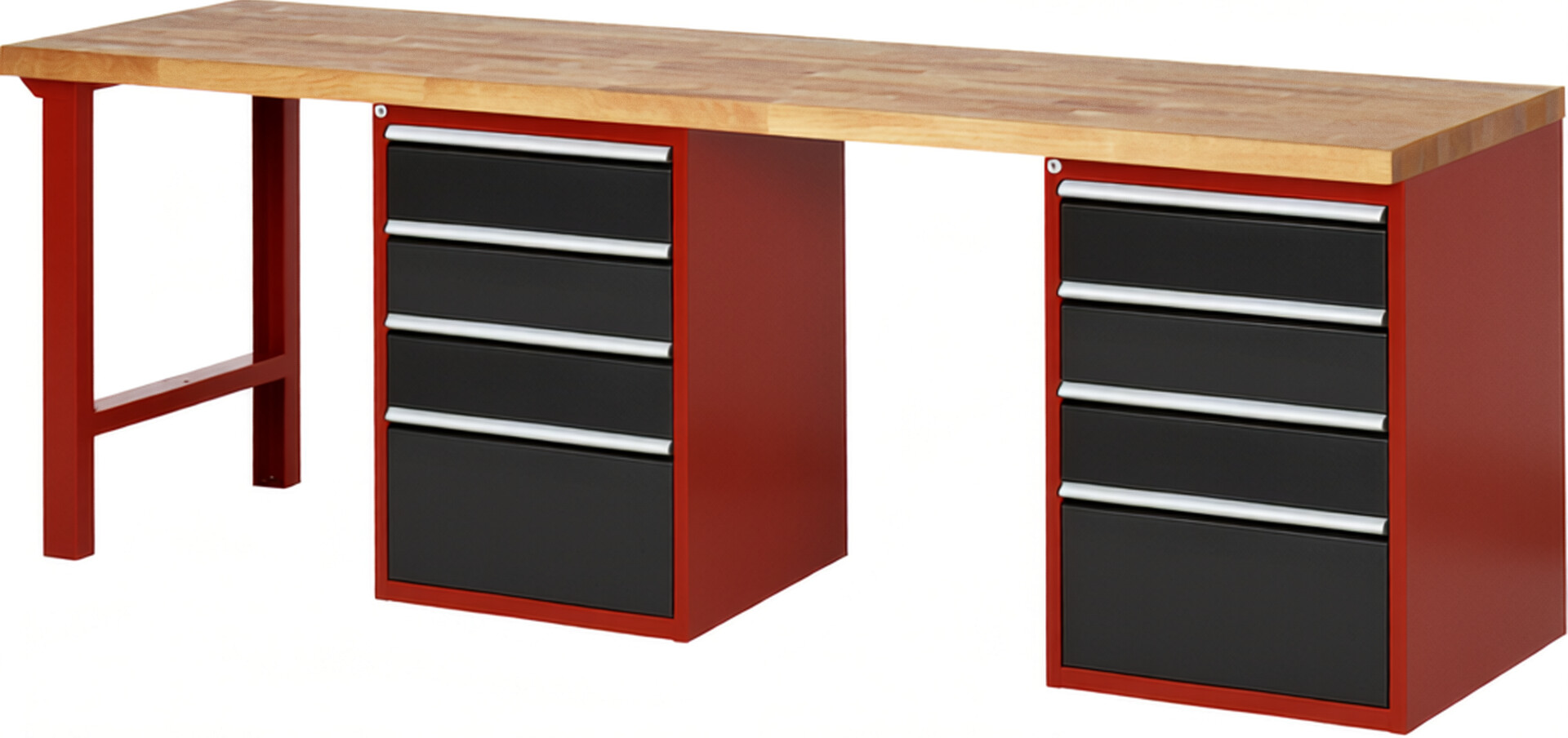 Werkbank Modell 7510 rot - schwarz, BxTxH 2500x700x840 mm,  Buche-Massiv Arbeitsplatte 40 mm,  8 Schubladen mit  Auszug 90 %