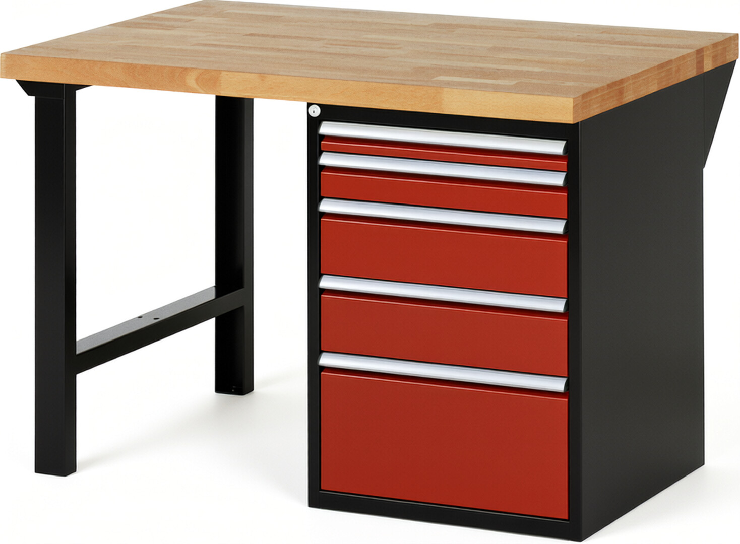 RAU Werkbank schwarz - rot - Breite 125 cm - Tiefe 90 cm - Höhe 89 cm - Buche-Massiv Arbeitsplatte 40 mm