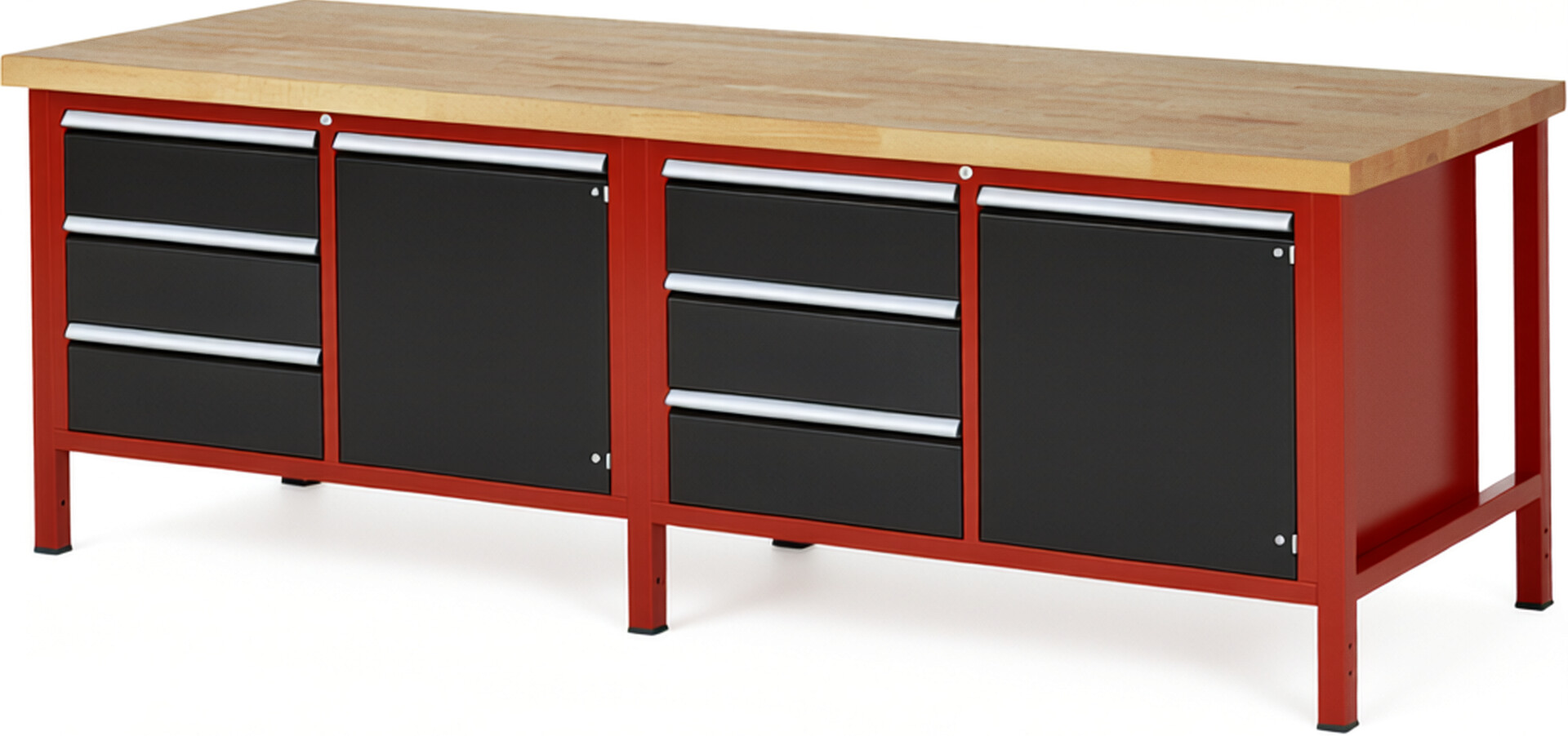 Werkbank Modell 8468 rot - schwarz, BxTxH 2500x900x840 mm,  Buche-Massiv Arbeitsplatte 40 mm,  6 Schubladen mit  Auszug 90 %