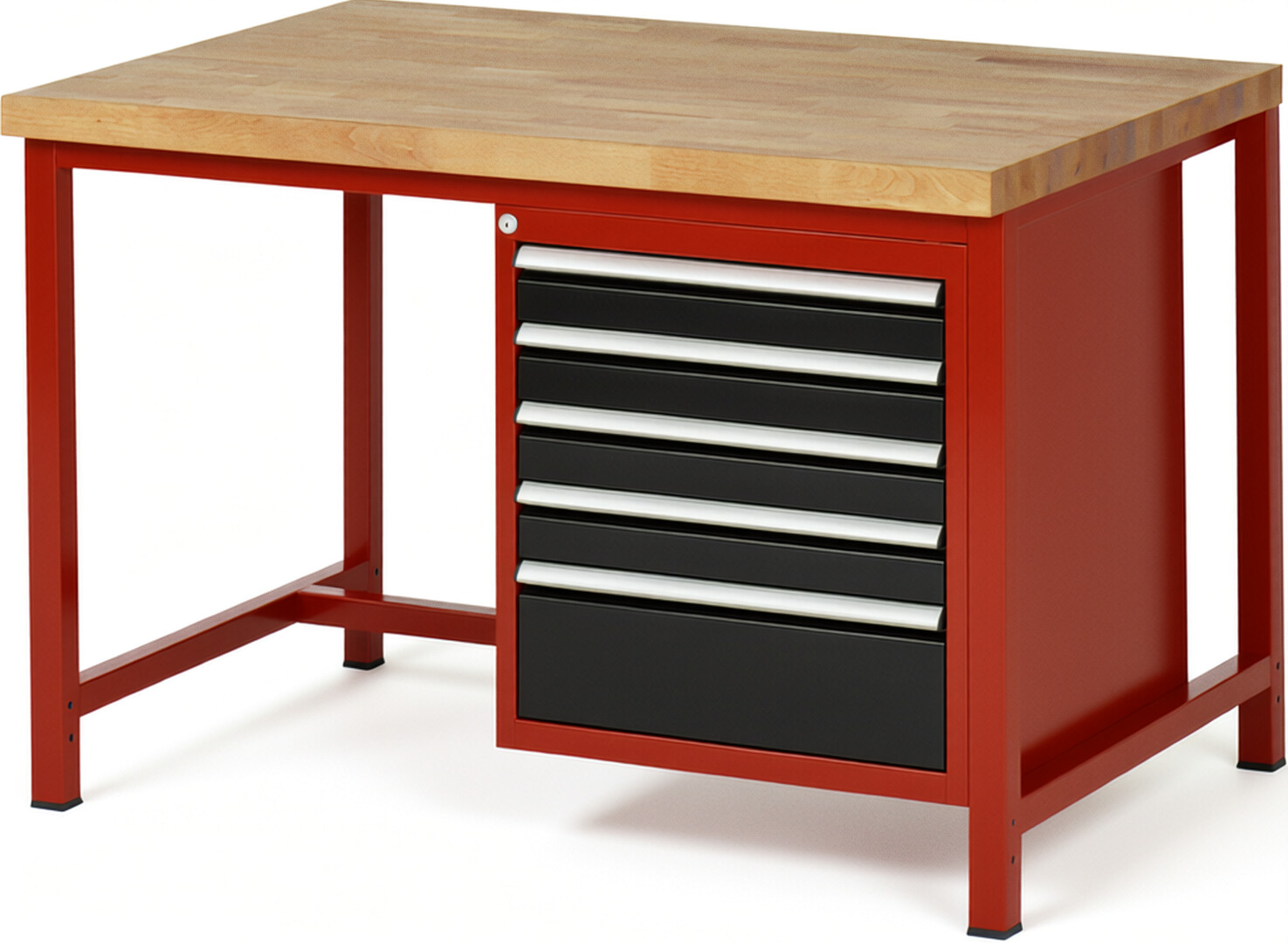 Werkbank Modell 8168 rot - schwarz, BxTxH 1250x900x840 mm,  Buche-Massiv Arbeitsplatte 40 mm,  5 Schubladen mit  Vollauszug 100 % und  SoftClosing
