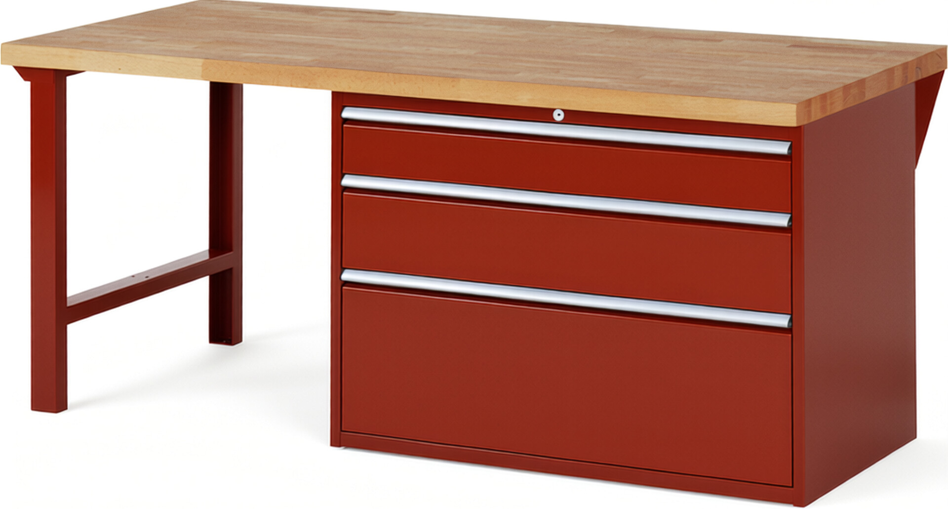 Werkbank Modell 7708 rot, BxTxH 2000x900x890 mm,  Buche-Massiv Arbeitsplatte 40 mm,  3 Schubladen mit  Auszug 90 %
