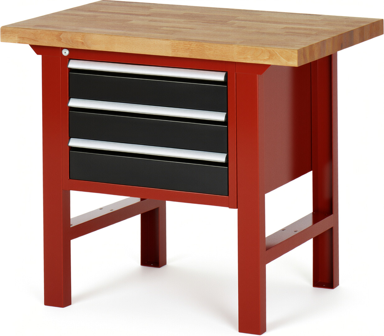 Werkbank Modell 7127 rot - schwarz, BxTxH 1000x700x840 mm,  Buche-Massiv Arbeitsplatte 40 mm,  3 Schubladen mit  Vollauszug 100 % und  SoftClosing