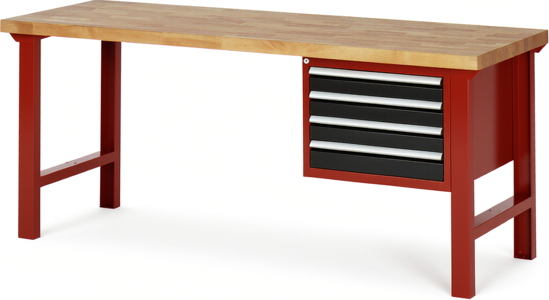 Werkbank Modell 7133 rot - schwarz, BxTxH 2000x700x840 mm,  Buche-Massiv Arbeitsplatte 40 mm,  4 Schubladen mit  Vollauszug 100 % und  SoftClosing