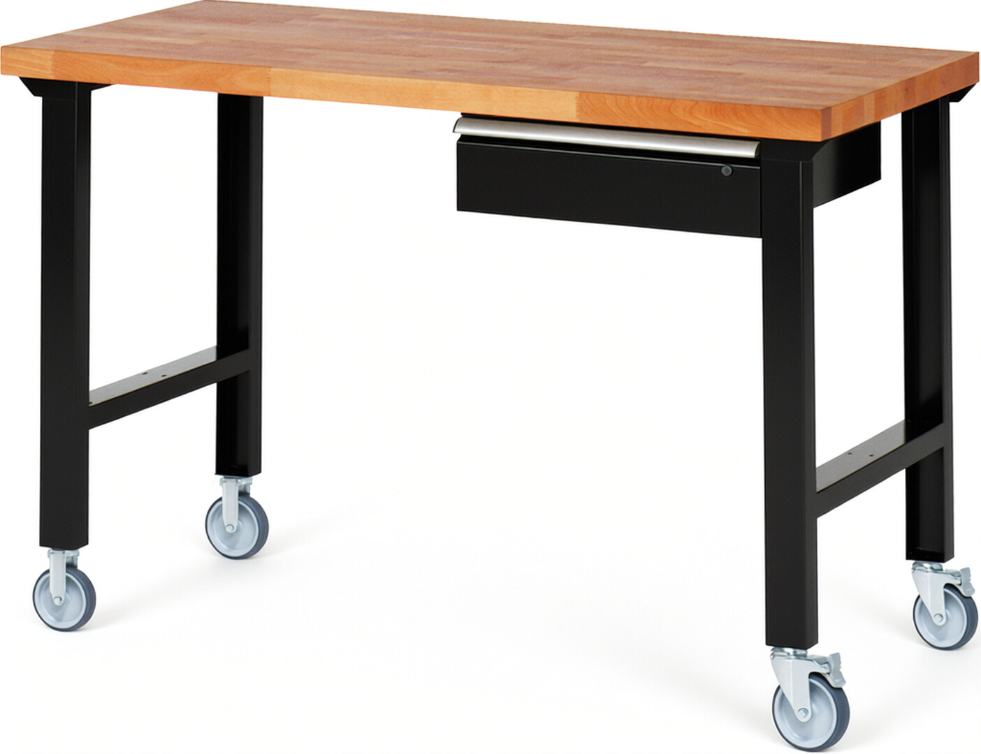 Fahrbare Werkbank Modell 7001 schwarz, BxTxH 1500x700x1000 mm,  Buche-Massiv Arbeitsplatte 40 mm,  1 Schublade mit  Auszug 90 %