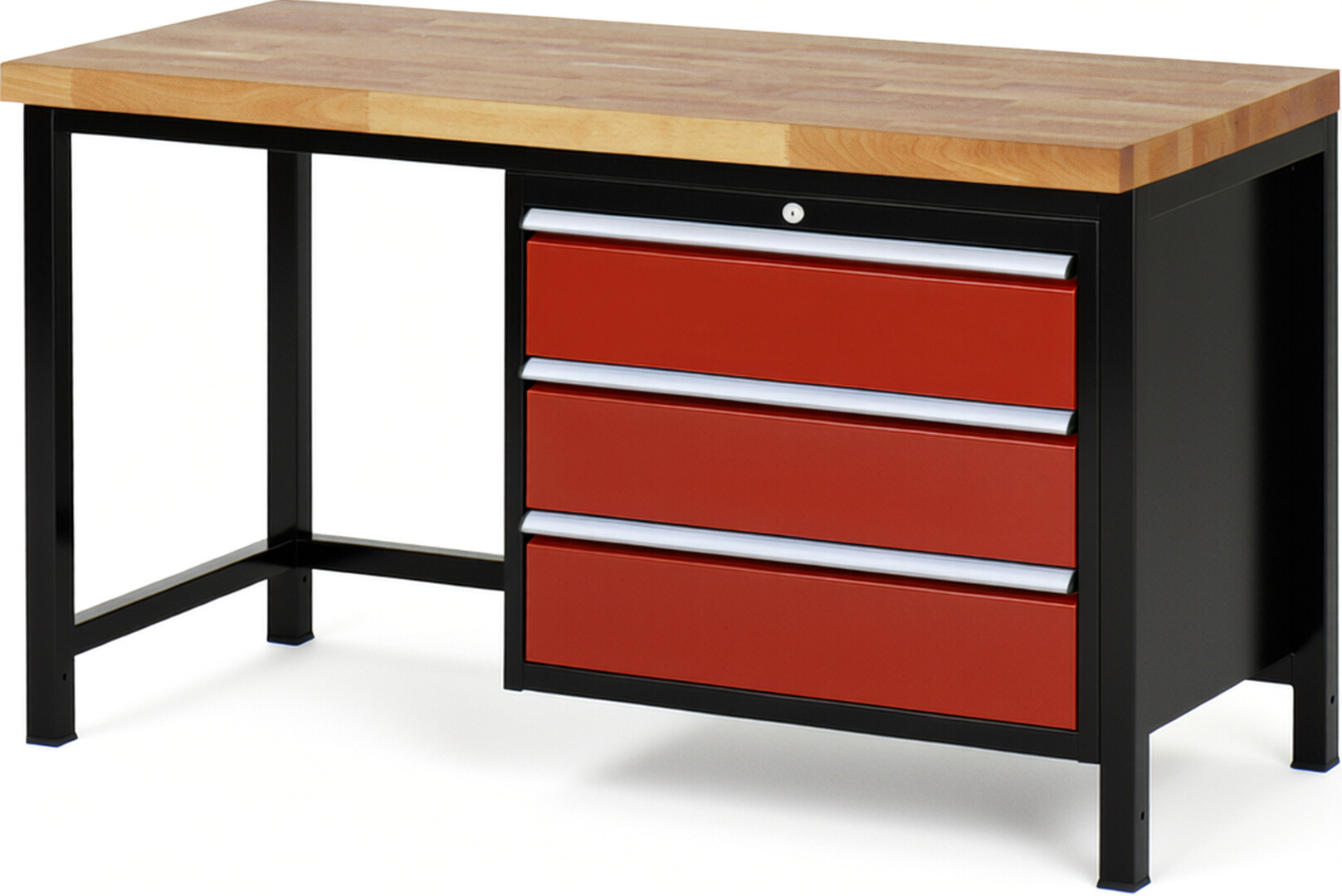 RAU Werkbank schwarz - rot - Breite 150 cm - Tiefe 70 cm - Höhe 104 cm - Buche-Massiv Arbeitsplatte 40 mm