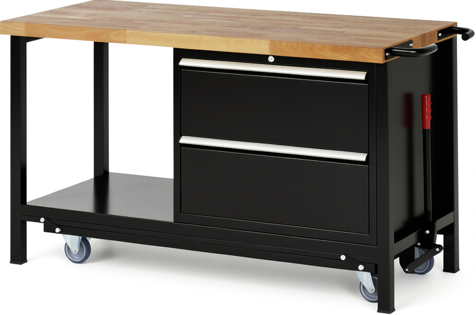 Absenkbare Werkbank Modell 8255 schwarz, BxTxH 1500x700x880 mm,  Buche-Massiv Arbeitsplatte 40 mm,  2 Schubladen mit  Vollauszug 100 % und  SoftClosing