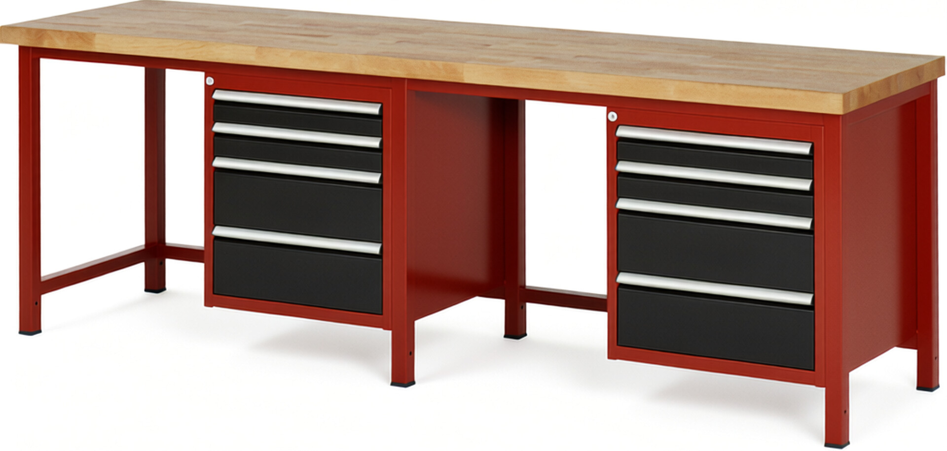 Werkbank Modell 8161 rot - schwarz, BxTxH 2500x700x840 mm,  Buche-Massiv Arbeitsplatte 40 mm,  8 Schubladen mit  Vollauszug 100 % und  SoftClosing