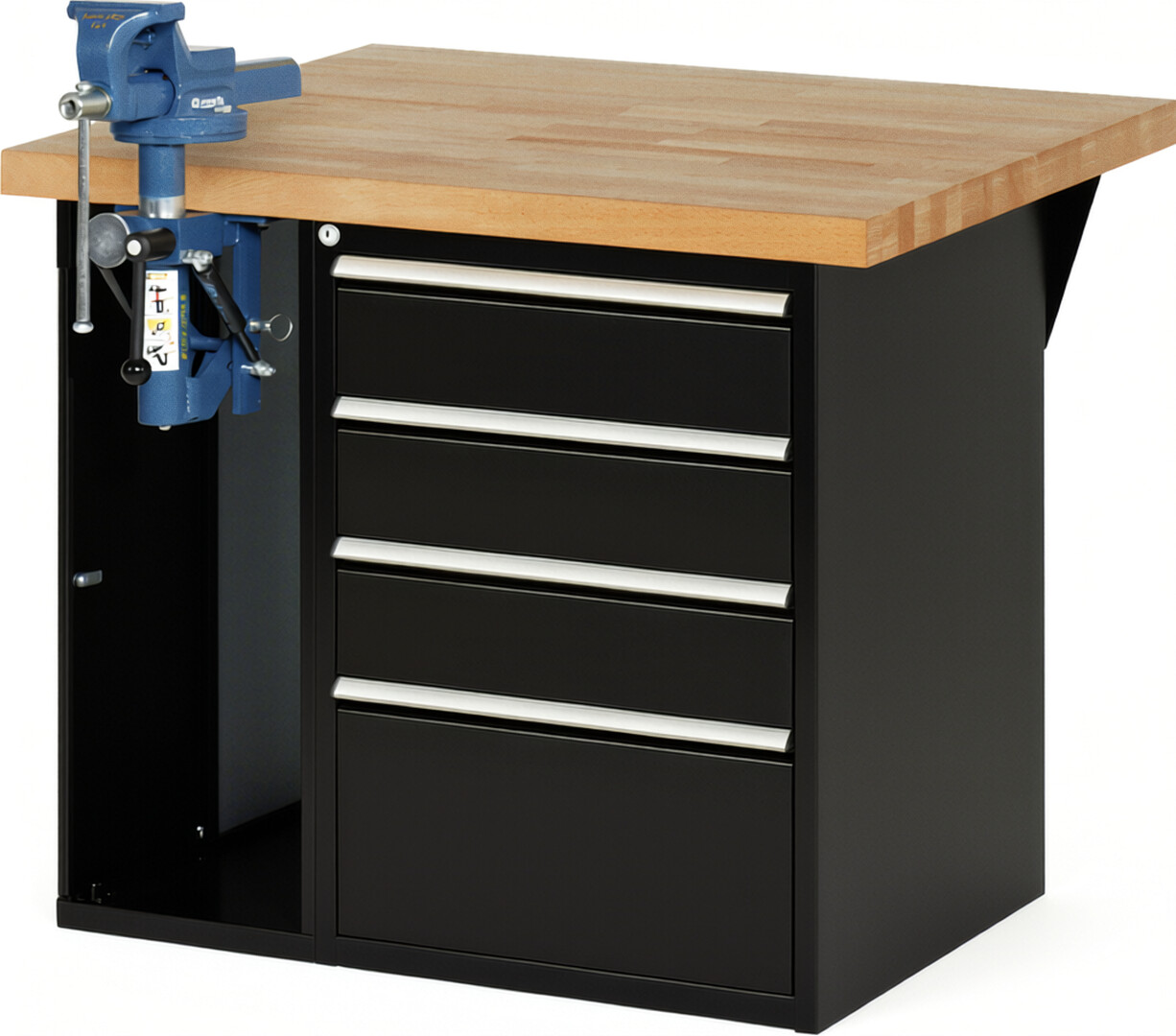 Werkbank Modell 7510 schwarz, BxTxH 1000x900x840 mm,  Buche-Massiv Arbeitsplatte 40 mm,  4 Schubladen mit  Auszug 90 %