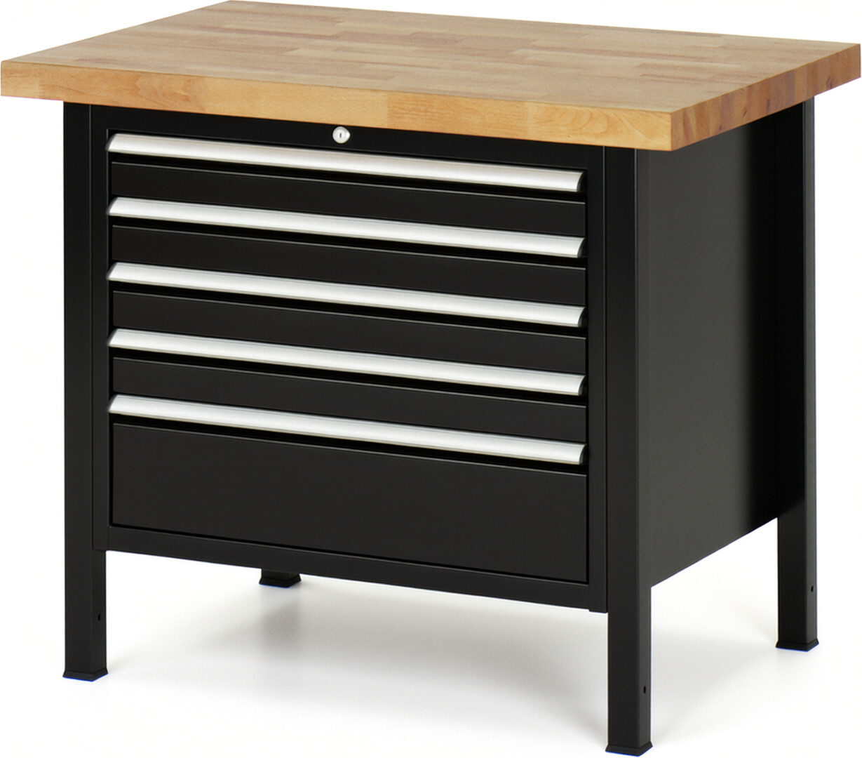 Werkbank Modell 8268 schwarz, BxTxH 1000x700x840-1040 mm,  Buche-Massiv Arbeitsplatte 40 mm,  5 Schubladen mit  Auszug 90 %