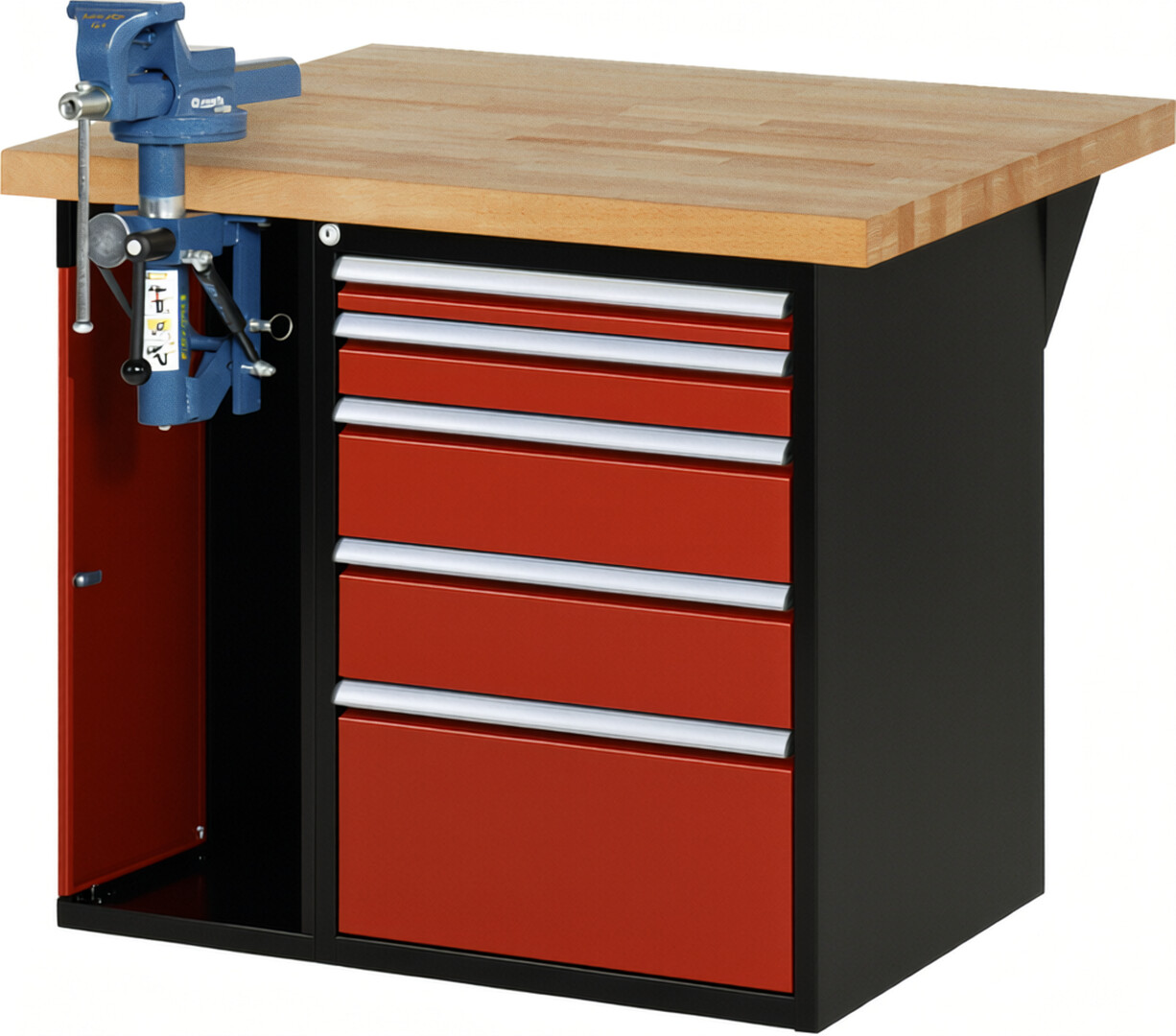 RAU Werkbank schwarz - rot - Breite 100 cm - Tiefe 90 cm - Höhe 89 cm - Buche-Massiv Arbeitsplatte 40 mm