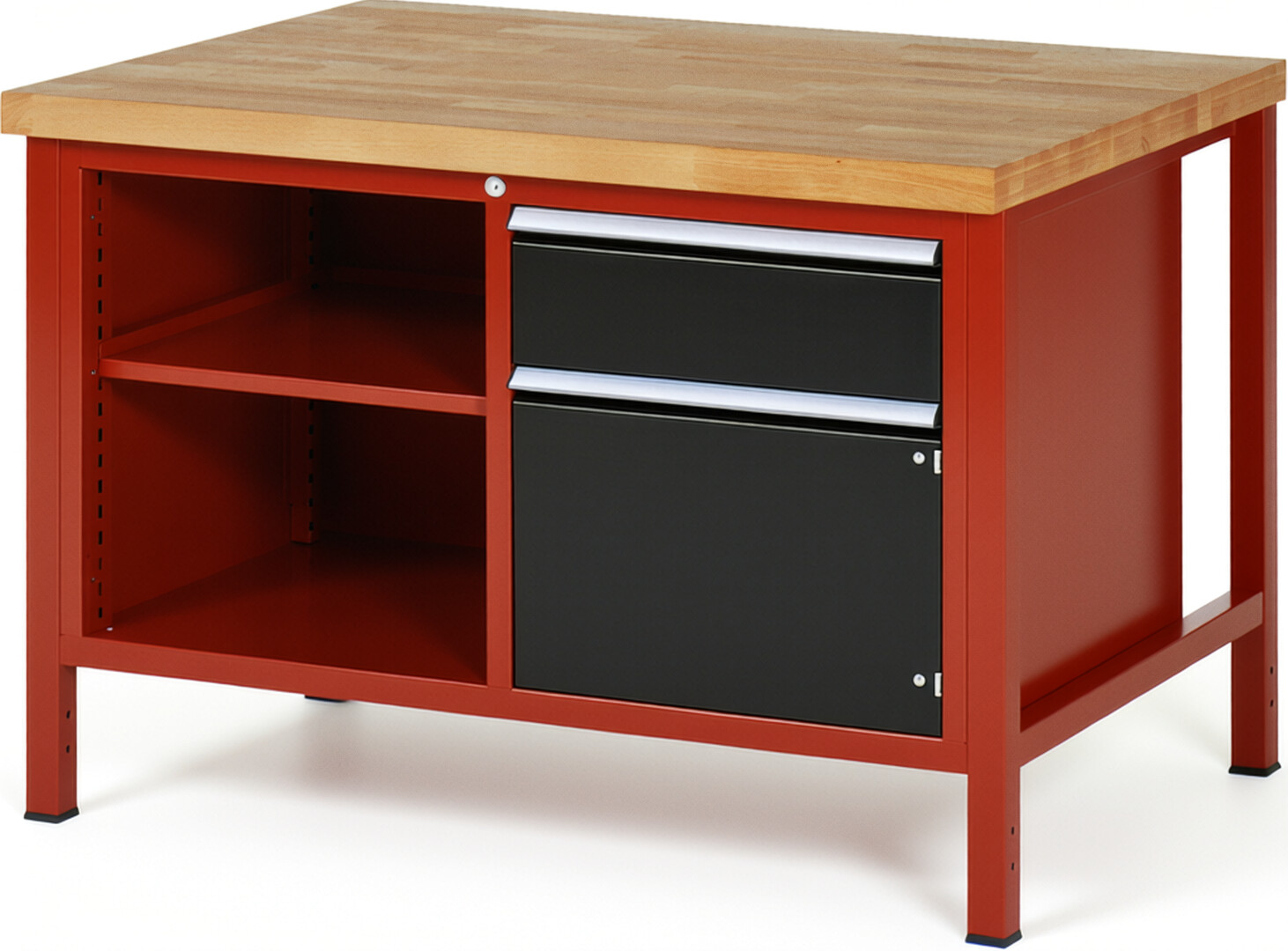 Werkbank Modell 8461 rot - schwarz, BxTxH 1250x900x840 mm,  Buche-Massiv Arbeitsplatte 40 mm,  1 Schublade mit  Vollauszug 100 % und  SoftClosing
