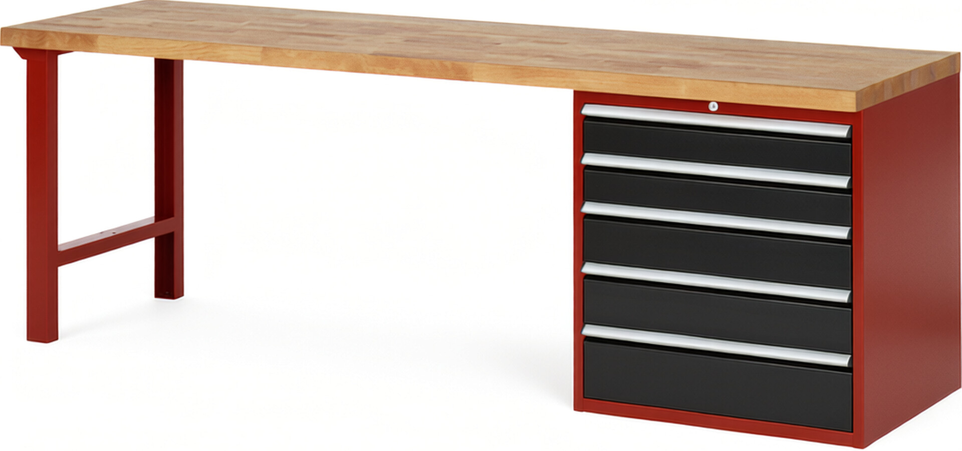 Werkbank Modell 7613 rot - schwarz, BxTxH 2500x700x890 mm,  Buche-Massiv Arbeitsplatte 40 mm,  5 Schubladen mit  Vollauszug 100 % und  SoftClosing
