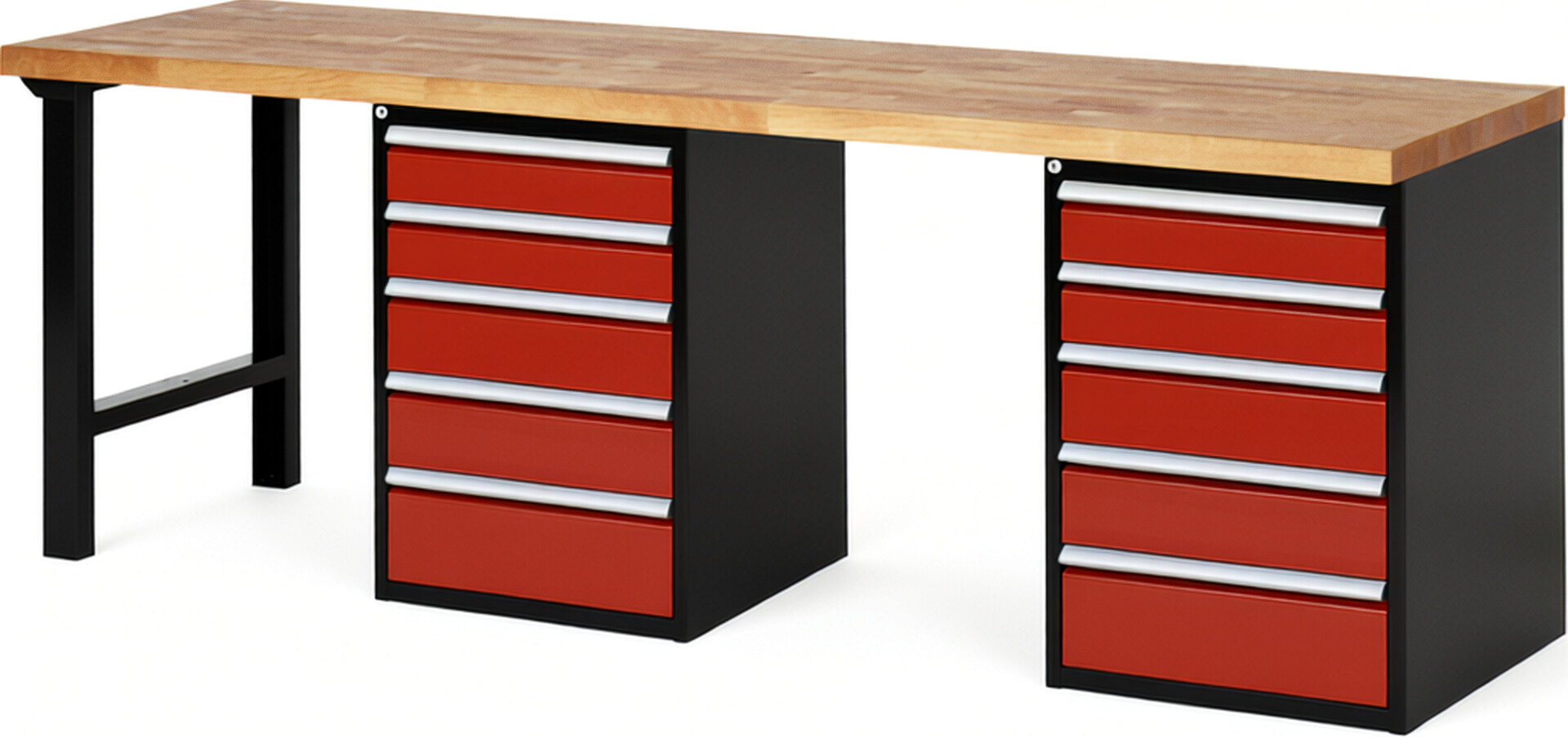 RAU Werkbank schwarz - rot - Breite 250 cm - Tiefe 70 cm - Höhe 89 cm - Buche-Massiv Arbeitsplatte 40 mm