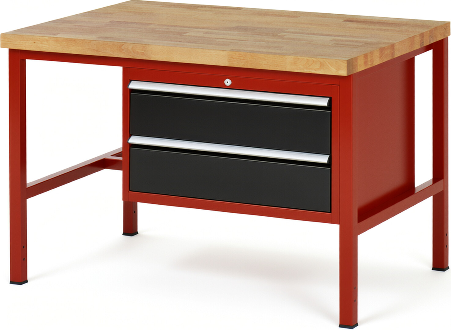 Werkbank Modell 8225 rot - schwarz, BxTxH 1250x900x840 mm,  Buche-Massiv Arbeitsplatte 40 mm,  2 Schubladen mit  Auszug 90 %