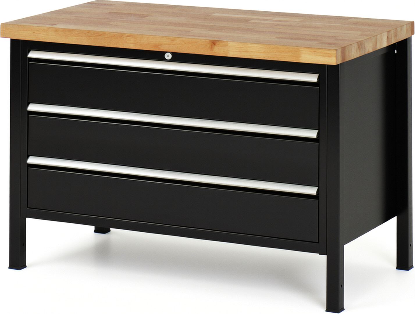 Werkbank Modell 8357 schwarz, BxTxH 1250x700x840-1040 mm,  Buche-Massiv Arbeitsplatte 40 mm,  3 Schubladen mit  Auszug 90 %