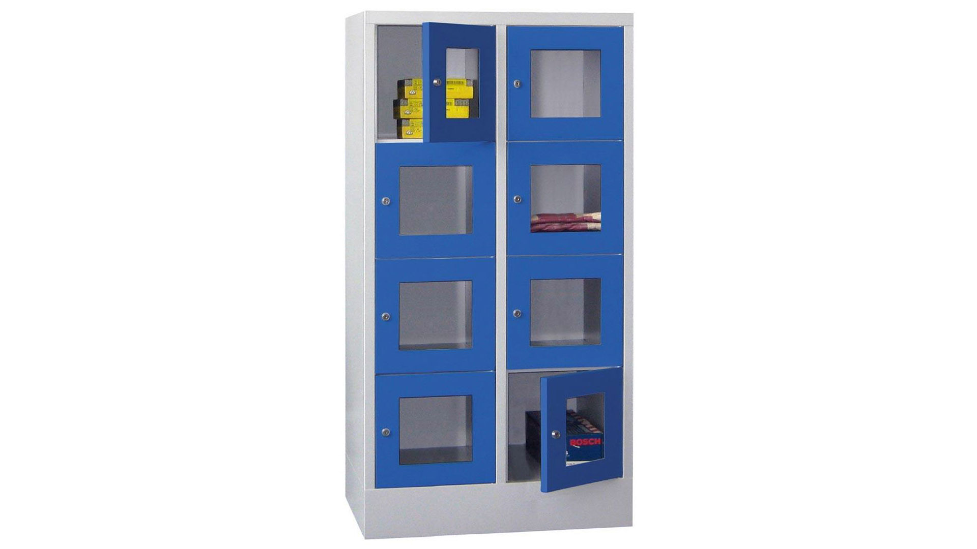Fächerschränke mit Sichtfenstertüren, Breite 80 cm, Höhe 151,8 cm, Tiefe 50 cm, 2x4 Fächer