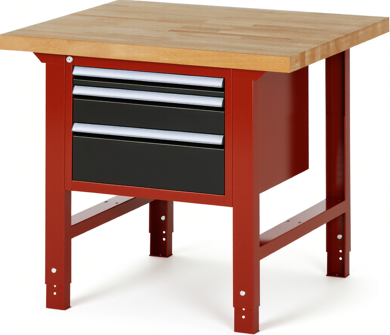 Werkbank Modell 7126 rot - schwarz, BxTxH 1000x900x790-1140 mm,  Buche-Massiv Arbeitsplatte 40 mm,  3 Schubladen mit  Auszug 90 %