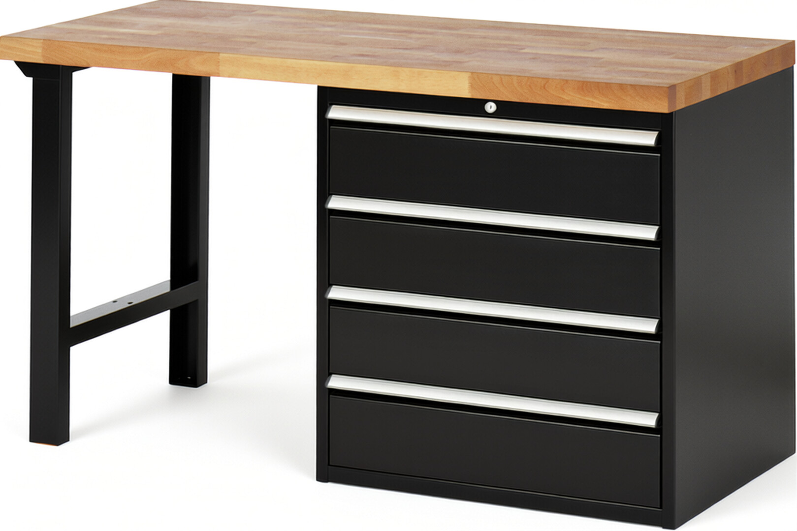 Werkbank Modell 7609 schwarz, BxTxH 1500x700x890 mm,  Buche-Massiv Arbeitsplatte 40 mm,  4 Schubladen mit  Auszug 90 %