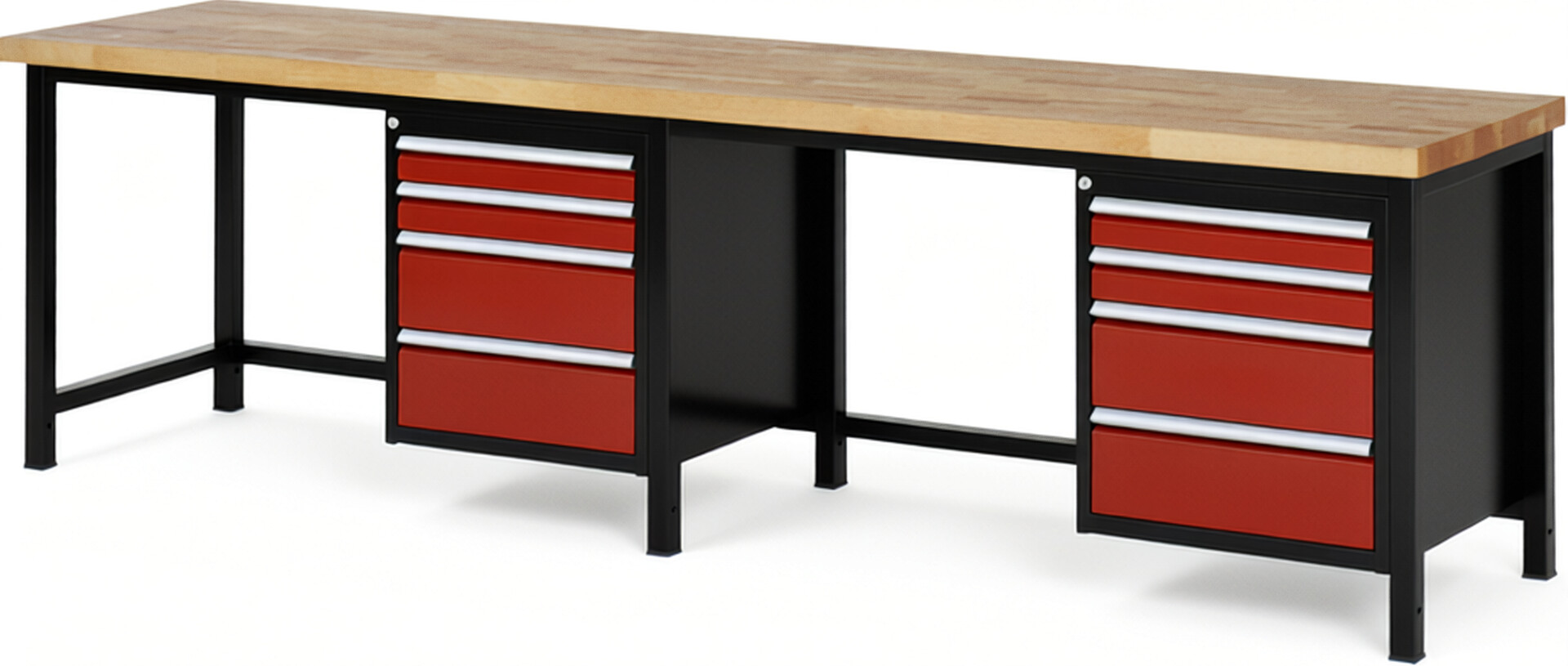Werkbank Modell 8161 schwarz-rot, BxTxH 3000x700x840 mm,  Buche-Massiv Arbeitsplatte 40 mm,  8 Schubladen mit  Vollauszug 100 % und  SoftClosing