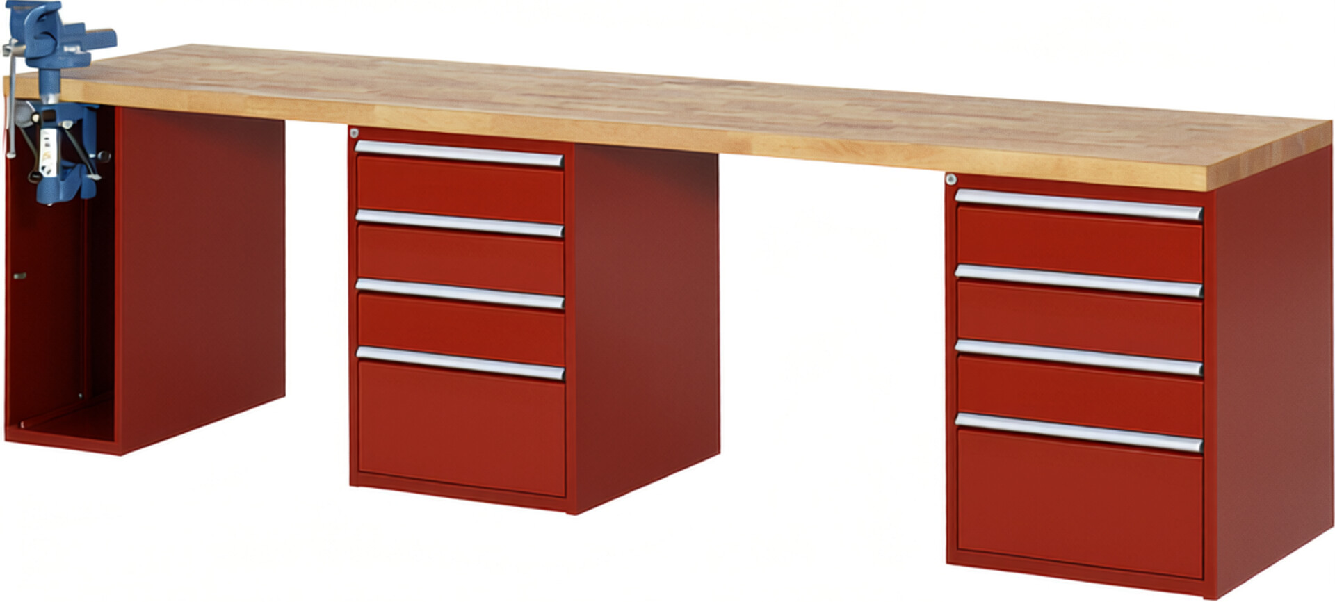 Werkbank Modell 7510 rot, BxTxH 3000x700x890 mm,  Buche-Massiv Arbeitsplatte 40 mm,  8 Schubladen mit  Auszug 90 %