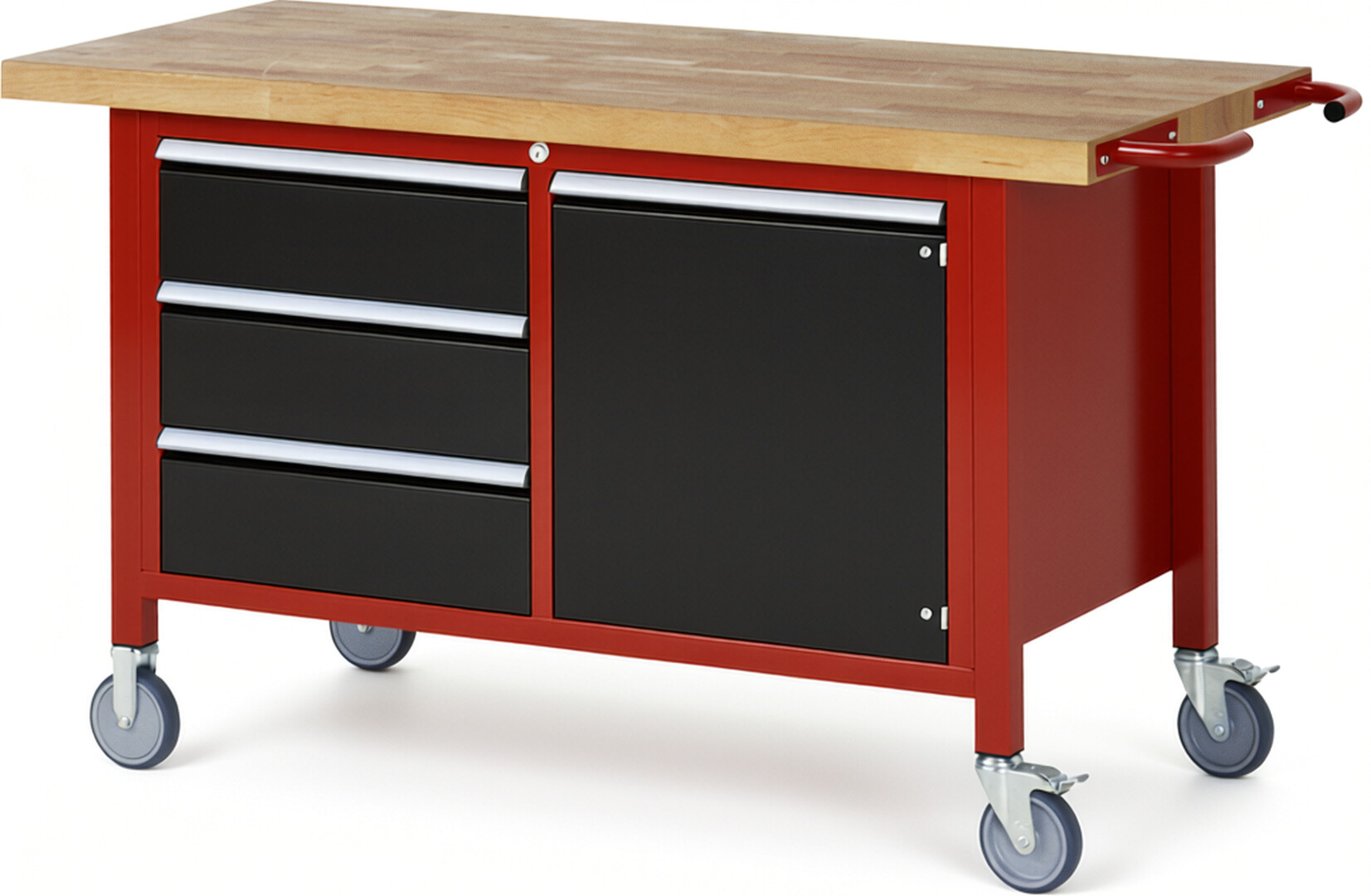 Fahrbare Werkbank Modell 8468 rot - schwarz, BxTxH 1500x700x880 mm,  Buche-Massiv Arbeitsplatte 40 mm,  3 Schubladen mit  Vollauszug 100 % und  SoftClosing
