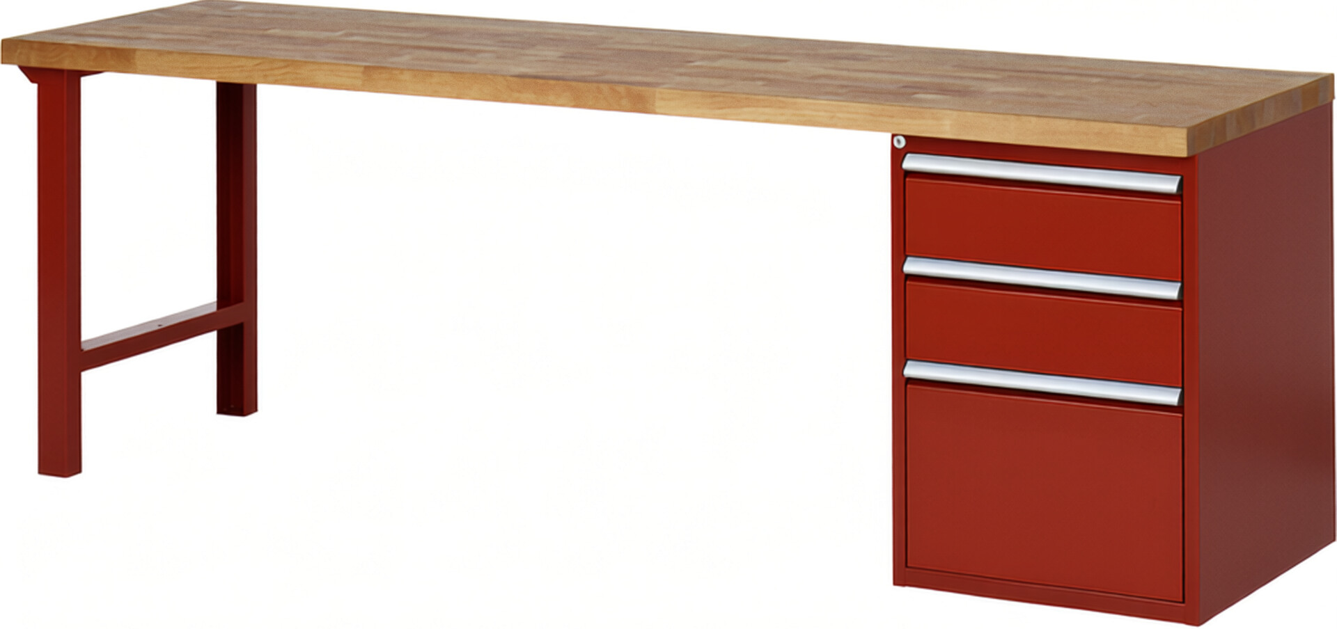 Werkbank Modell 7507 rot, BxTxH 2500x700x840 mm,  Buche-Massiv Arbeitsplatte 40 mm,  3 Schubladen mit  Auszug 90 %