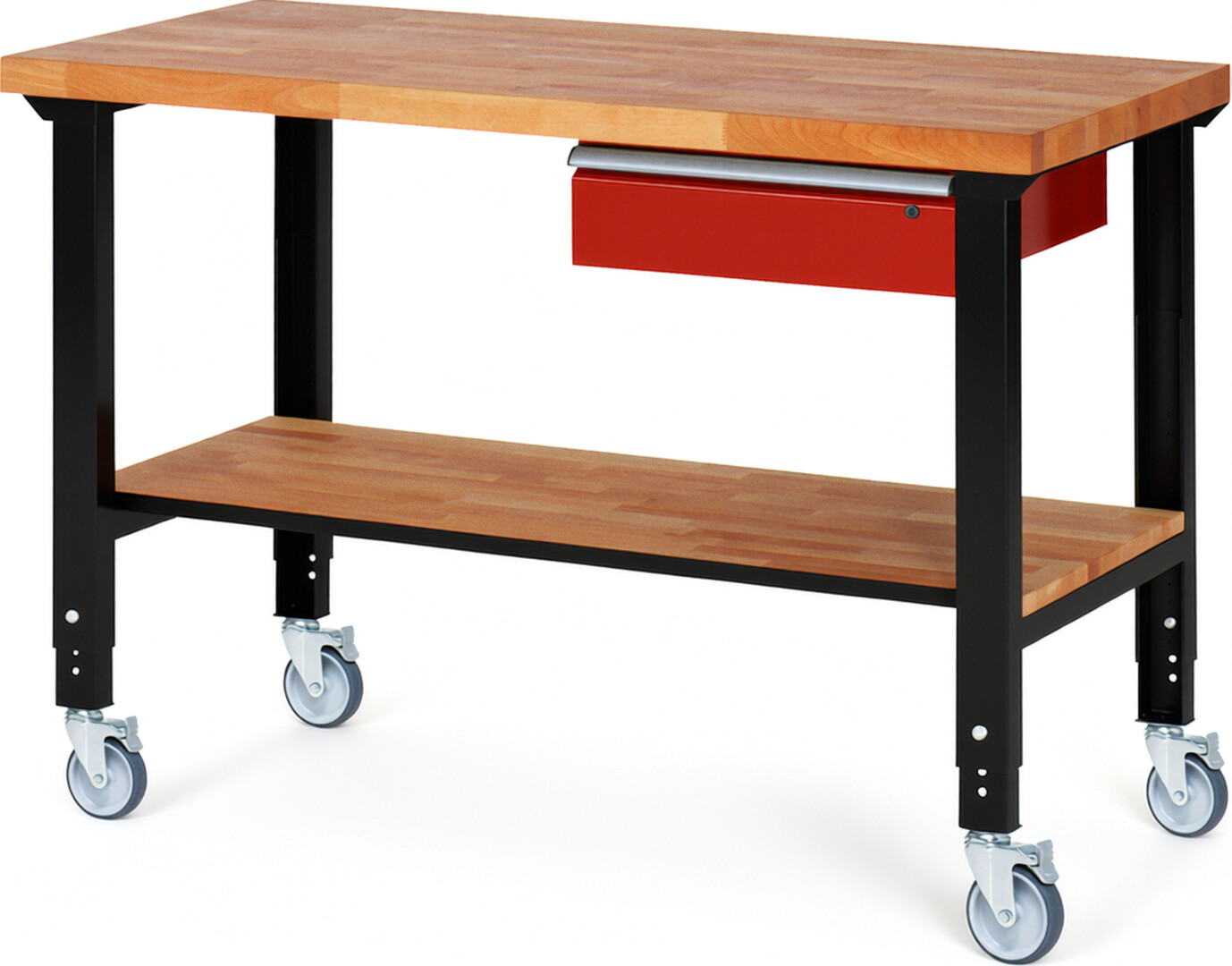 RAU Werkbank schwarz - rot - Breite 150 cm - Tiefe 70 cm - Höhe 100 cm - Buche-Massiv Arbeitsplatte 40 mm