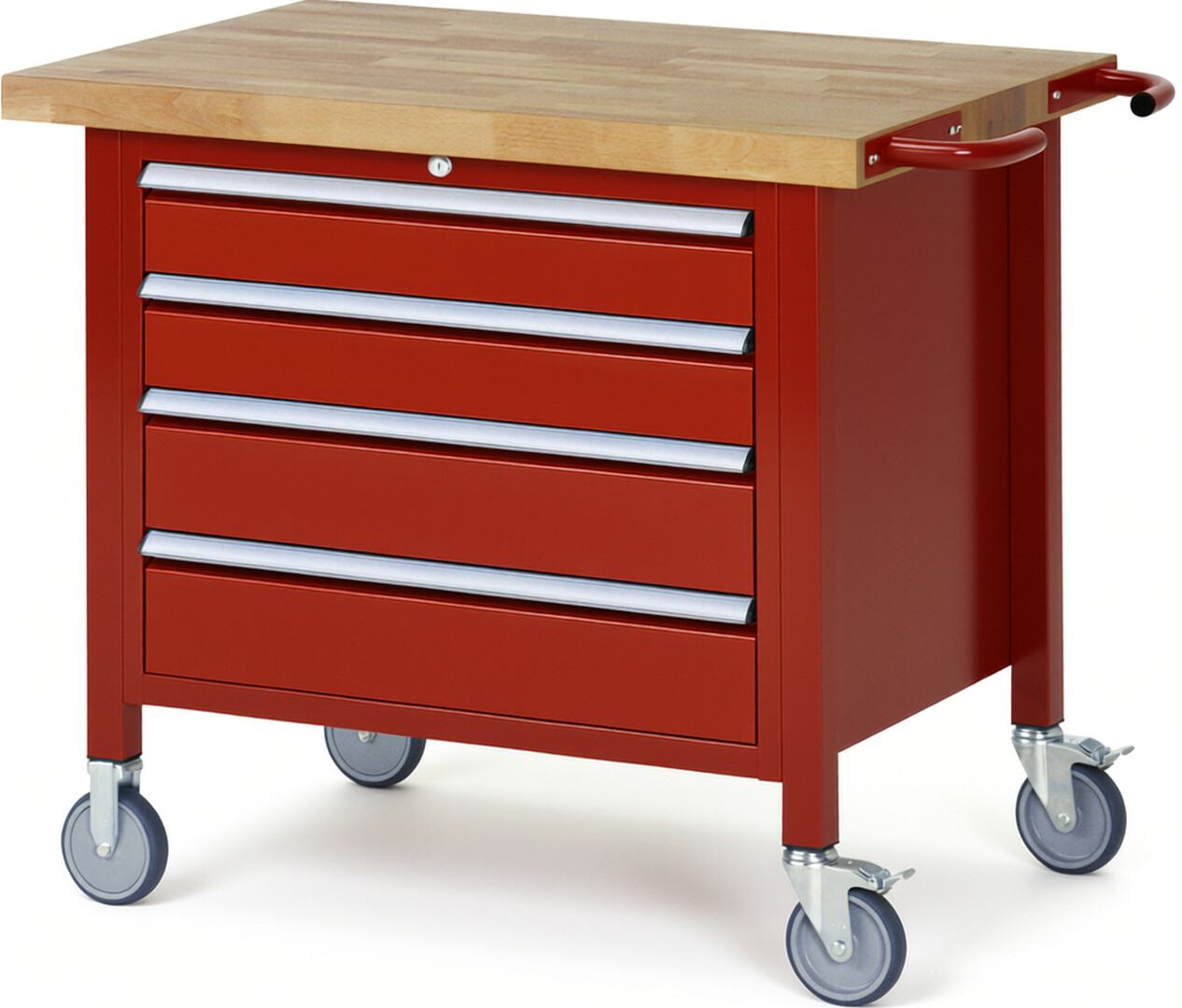 Fahrbare Werkbank Modell 8262 rot, BxTxH 1000x700x880 mm,  Buche-Massiv Arbeitsplatte 40 mm,  4 Schubladen mit  Auszug 90 %